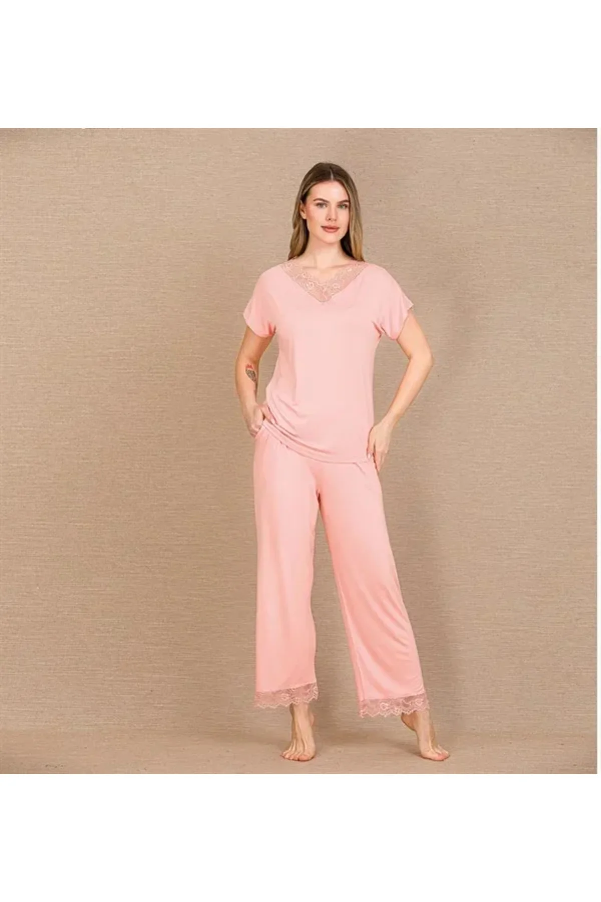 Viskon Şık Tasarım Dantel İşlemeli Açık Pembe Kısa Kol Pijama Takımı Fiyatı, Yorumları ve Özellikleri