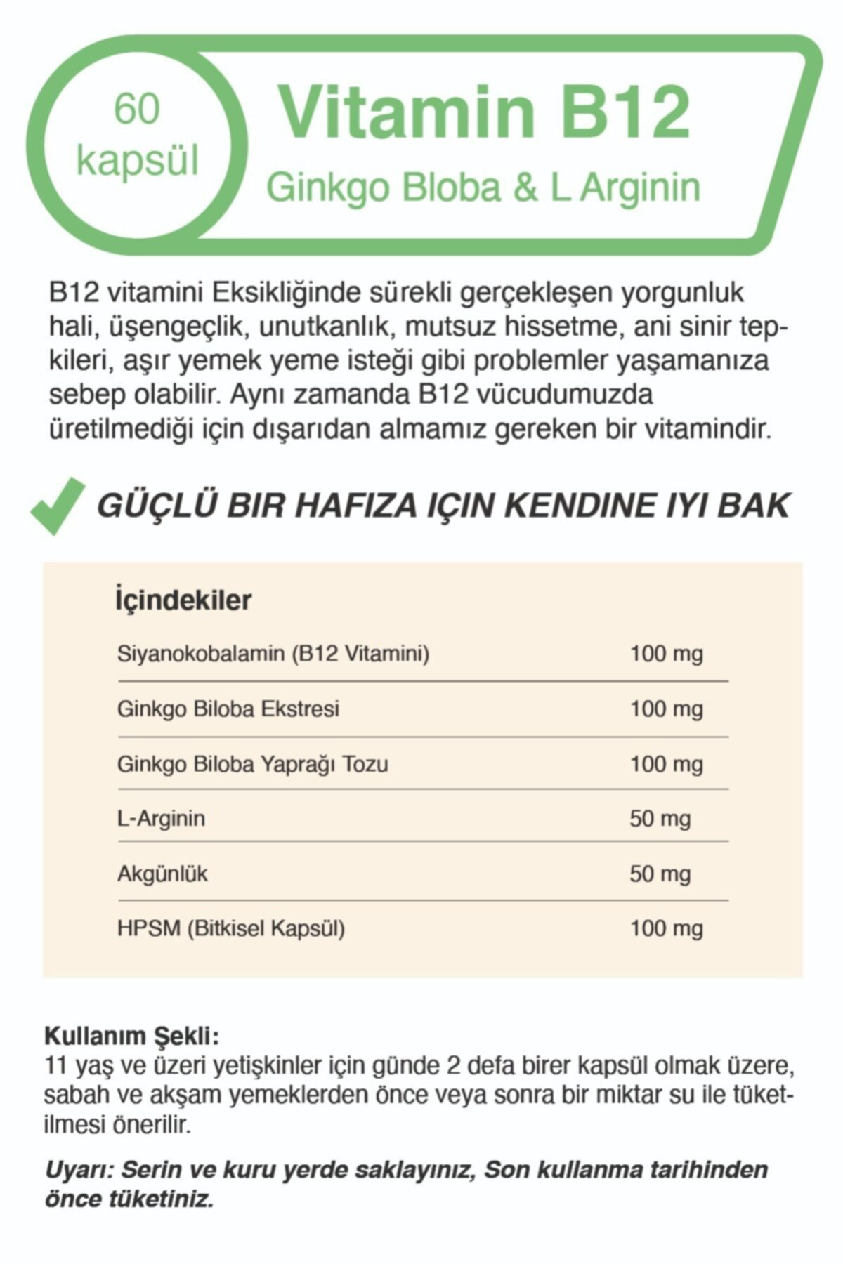 Vitamin B12 Ginkgo Biloba Kapsül L-arginin 500mg 60 Kapsül