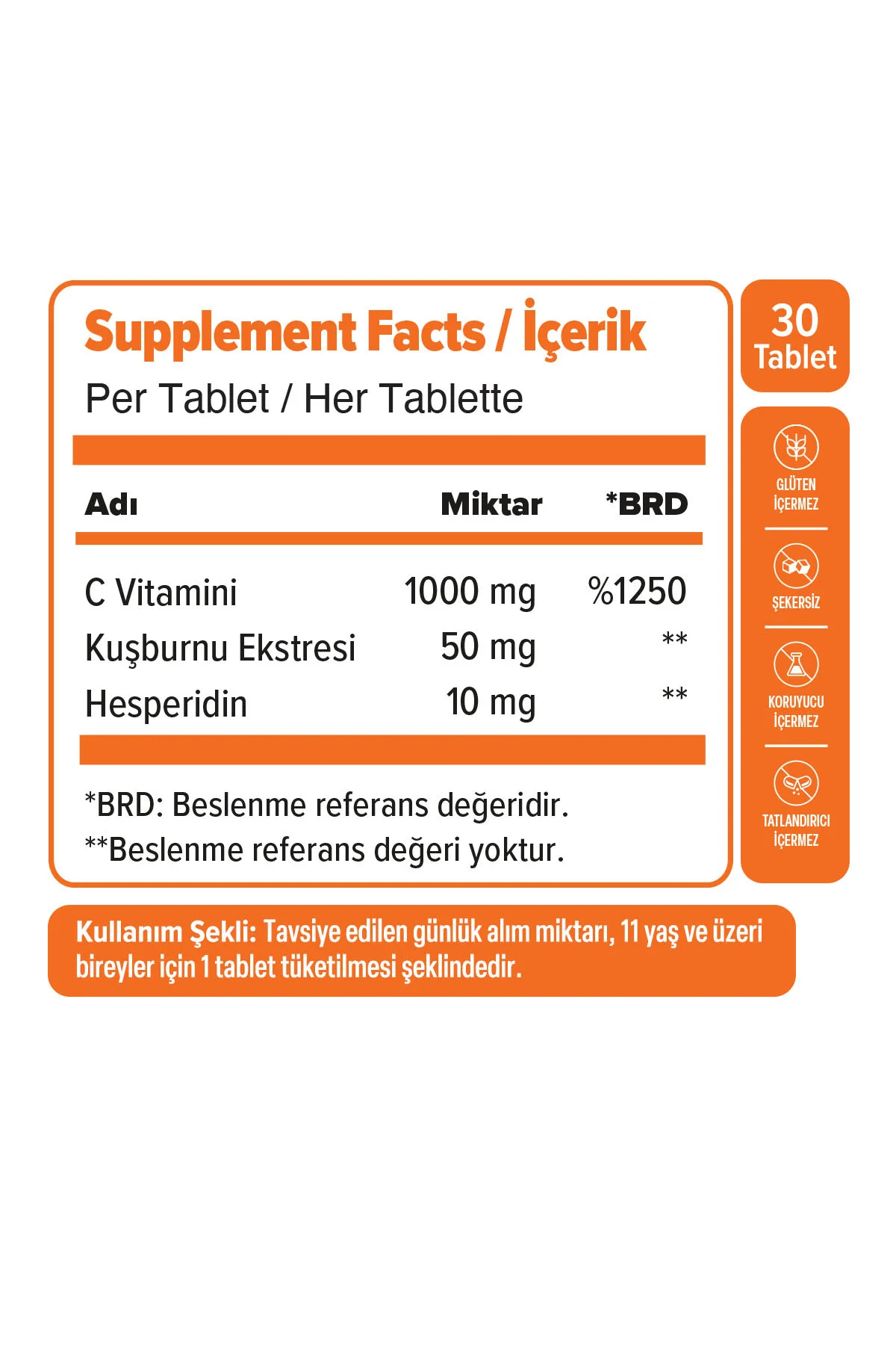 Vitamin C 1000 mg 30 Tablet - Kuşburnu Ekstresi, Hesperidin