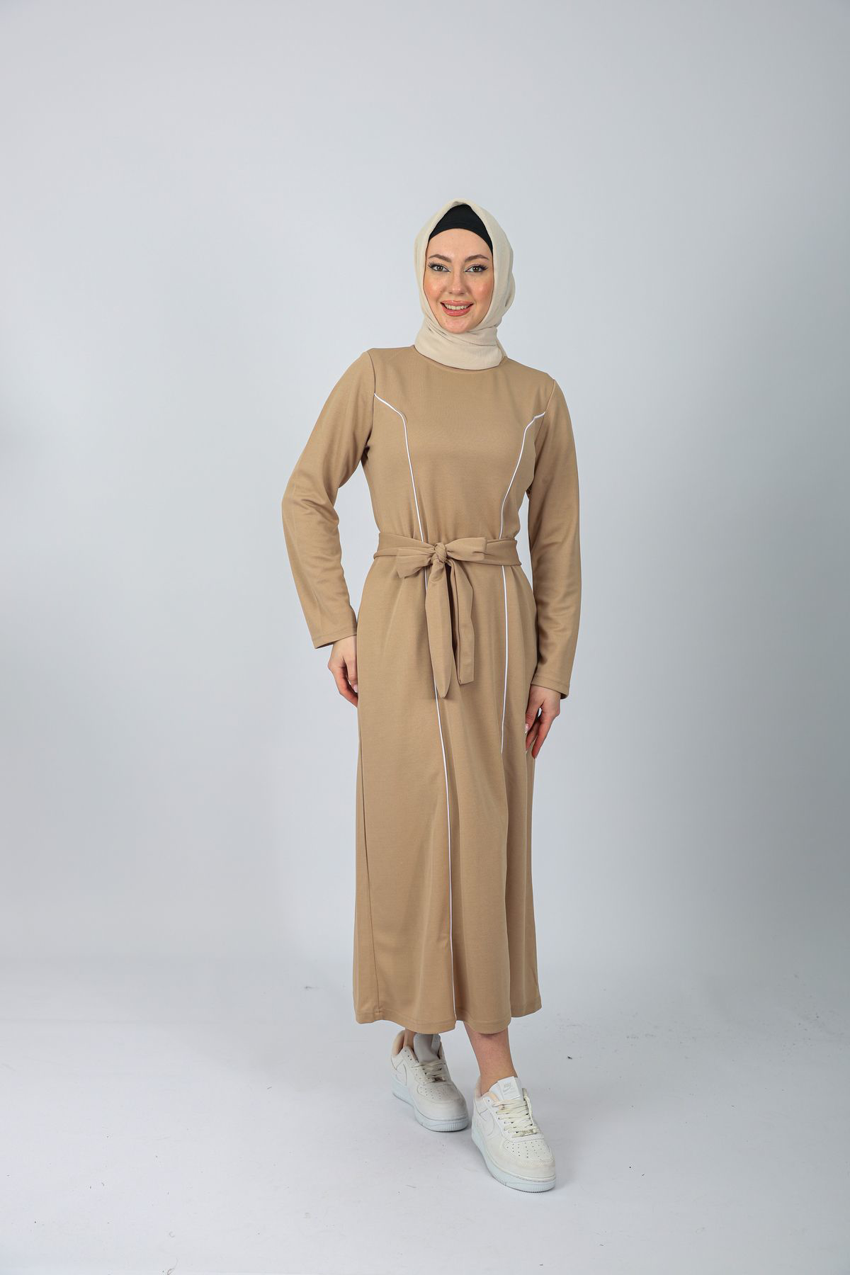 Vizon Skuba Krep Örme Kuşak Detay Uzun Elbise