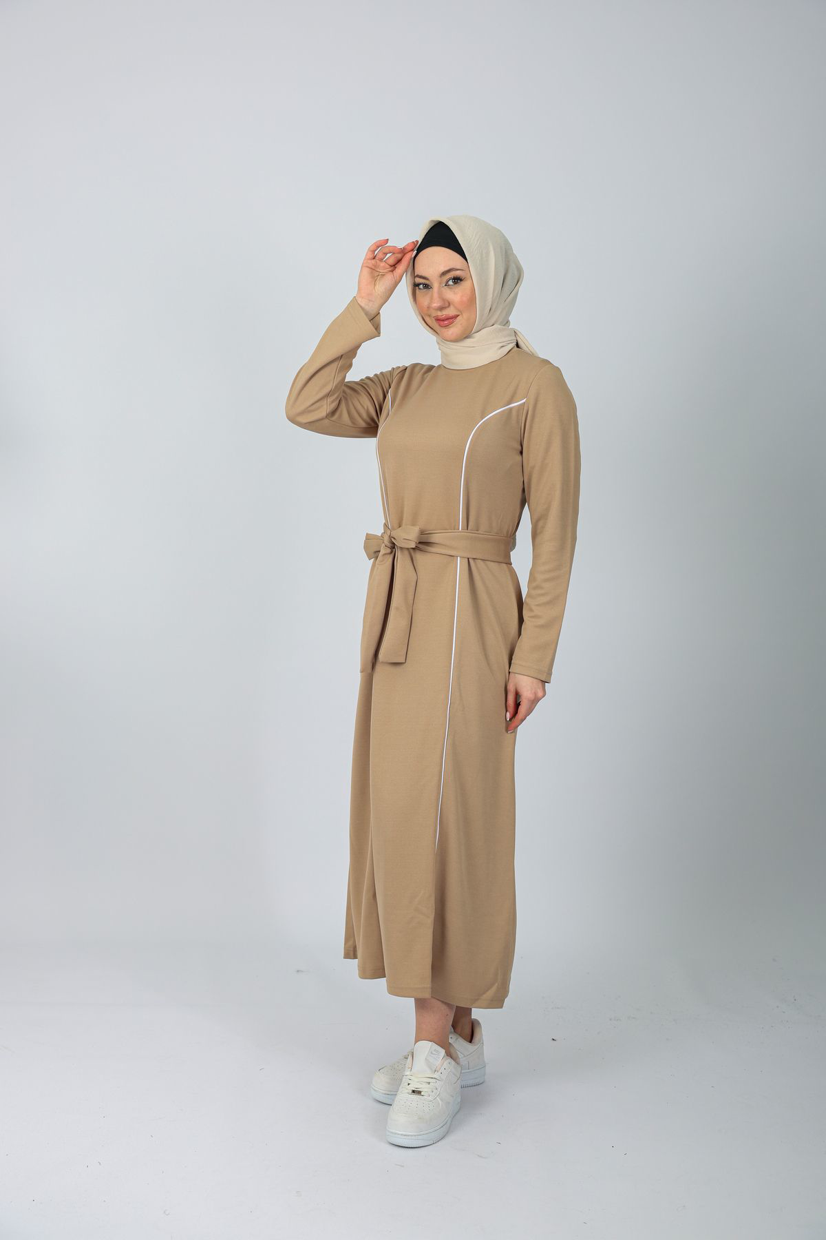 Vizon Skuba Krep Örme Kuşak Detay Uzun Elbise