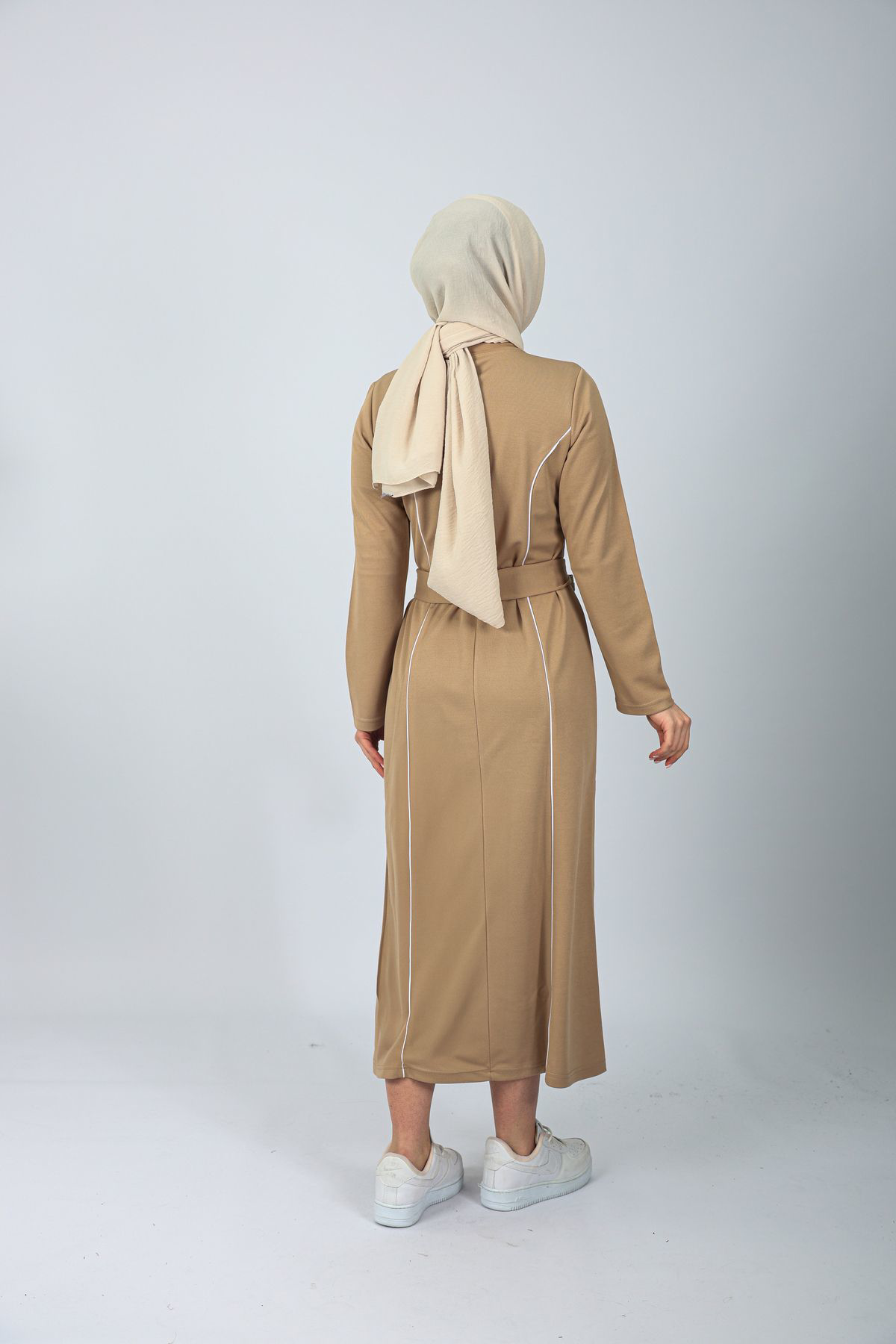 Vizon Skuba Krep Örme Kuşak Detay Uzun Elbise