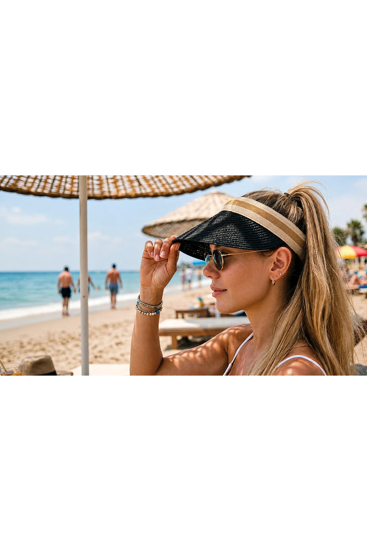 Vizör Yazlık Spor Plaj Tatil Moda Şık Modern Günlük Hasır Siperli Siyah Şapka -Tenis ve Golf Tipi Tesettür Taç Şeritli Tepesi Açık