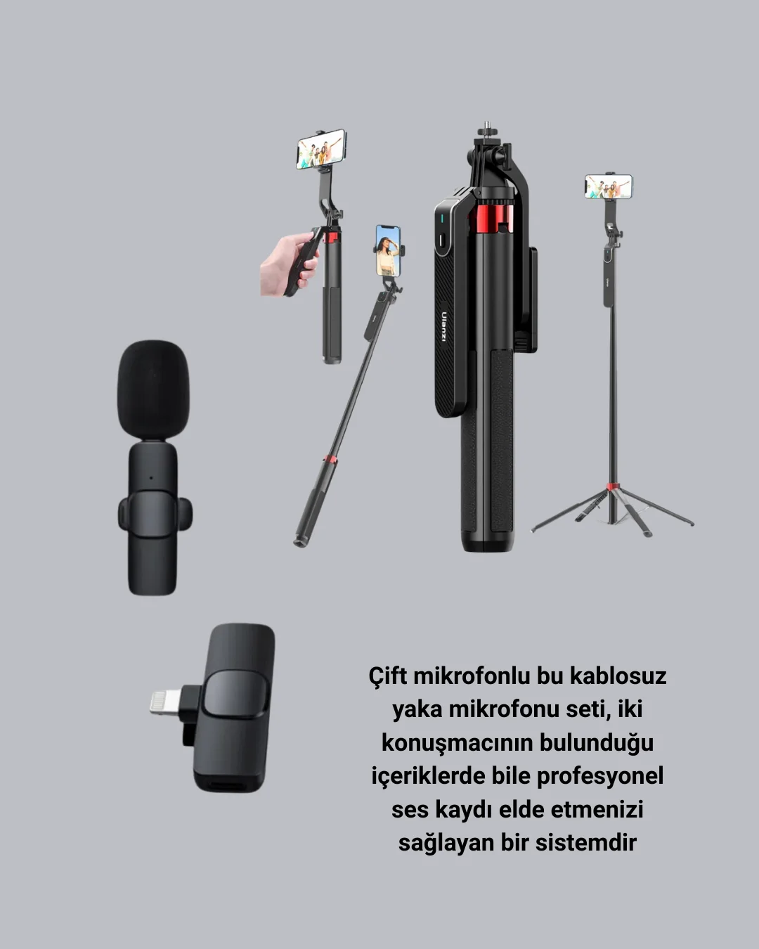 Vlog ve Canlı Yayın İçin Çift Yaka Mikrofonu ve Tripodlu Selfie Çubuğu Seti Vlog ve Canlı Yayın İçin Çift Yaka Mikrofonu ve Tripodlu Selfie Çubuğu Seti