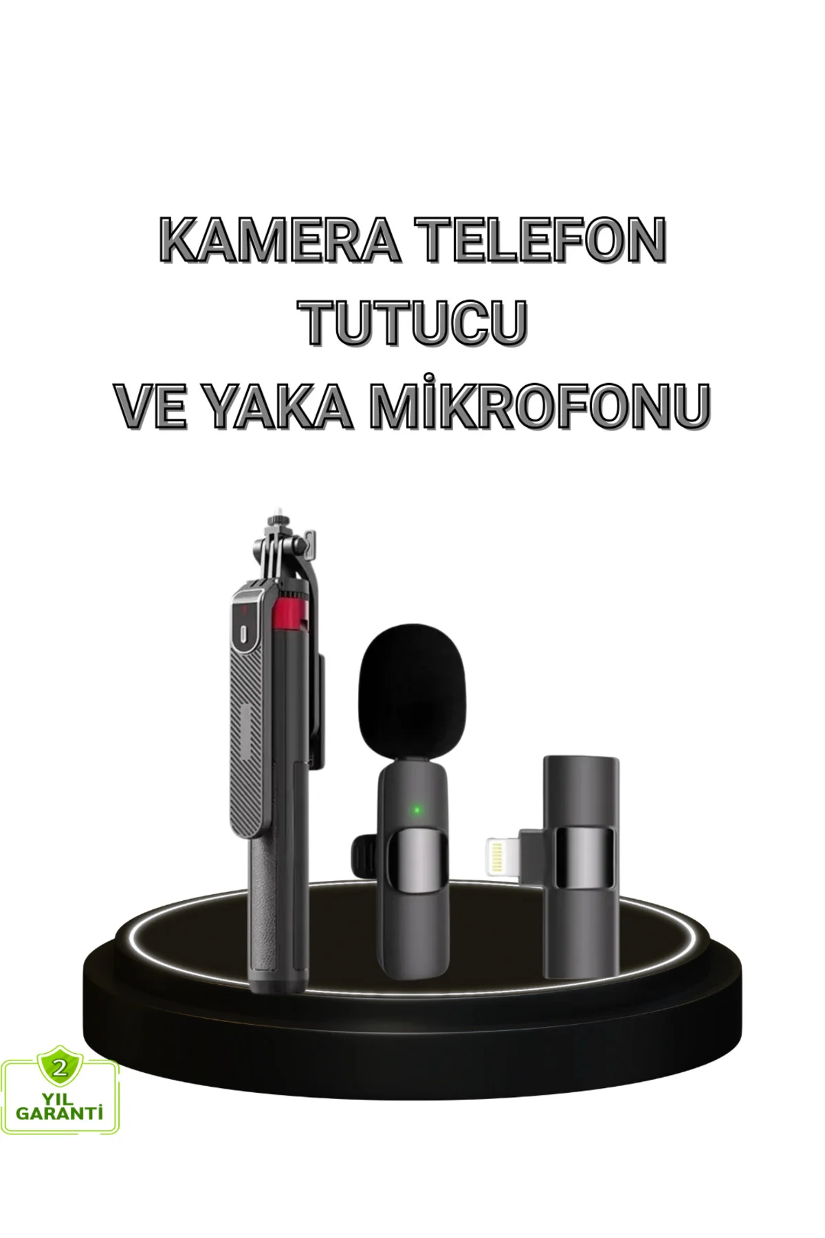 Vlog ve Canlı Yayın İçin Çift Yaka Mikrofonu ve Tripodlu Selfie Çubuğu Seti