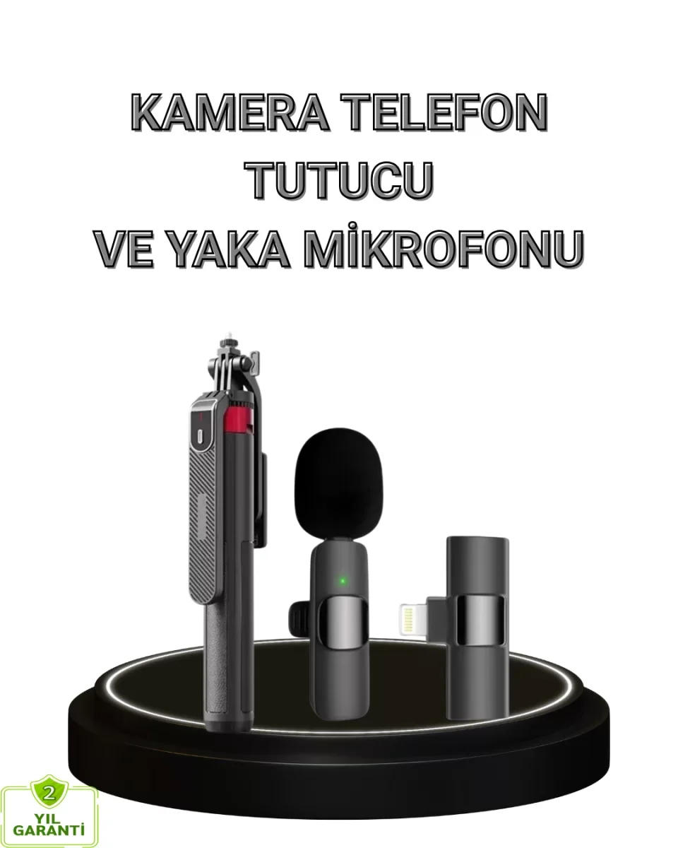 Vlog ve Canlı Yayın İçin Çift Yaka Mikrofonu ve Tripodlu Selfie Çubuğu Seti - Lisinya