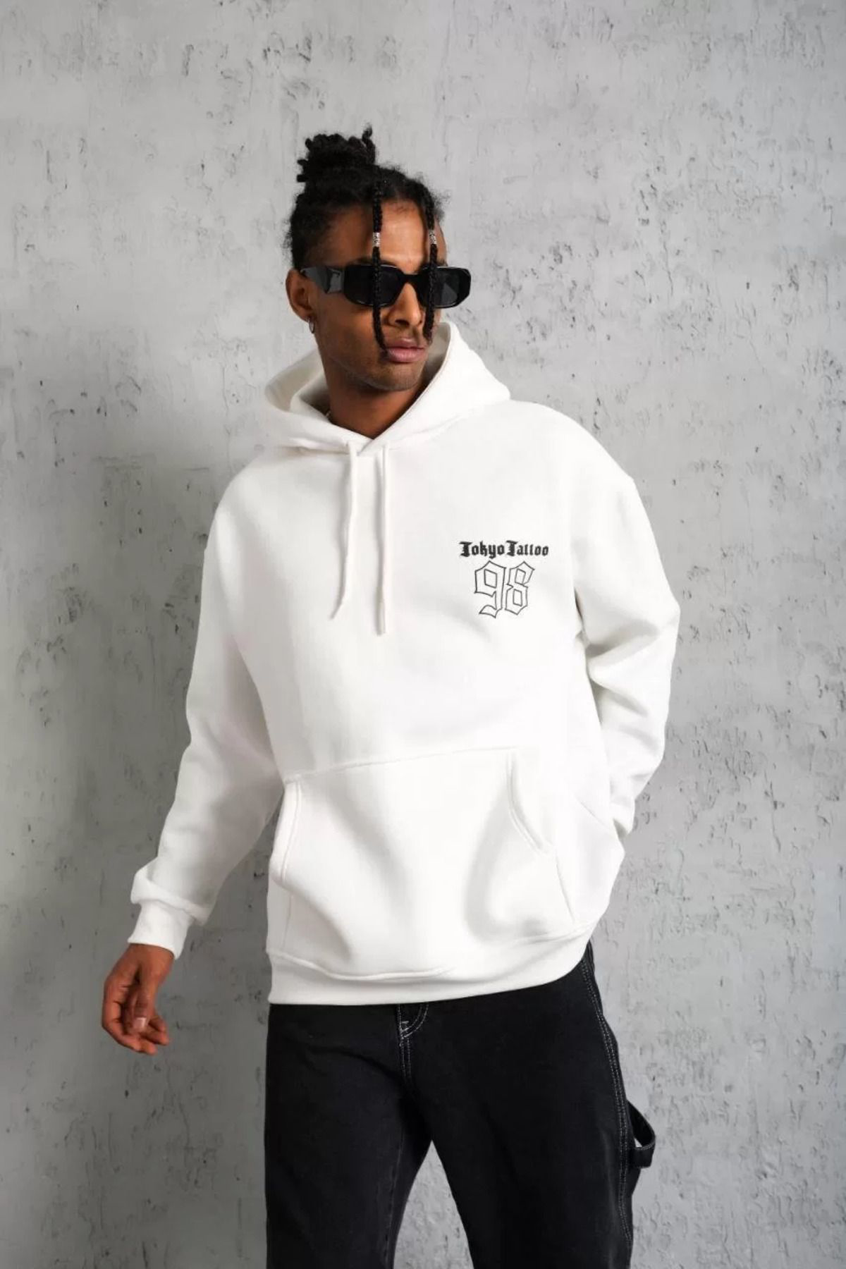 V&M Store Erkek 98 Baskılı Kapşonlu Sweat - Beyaz