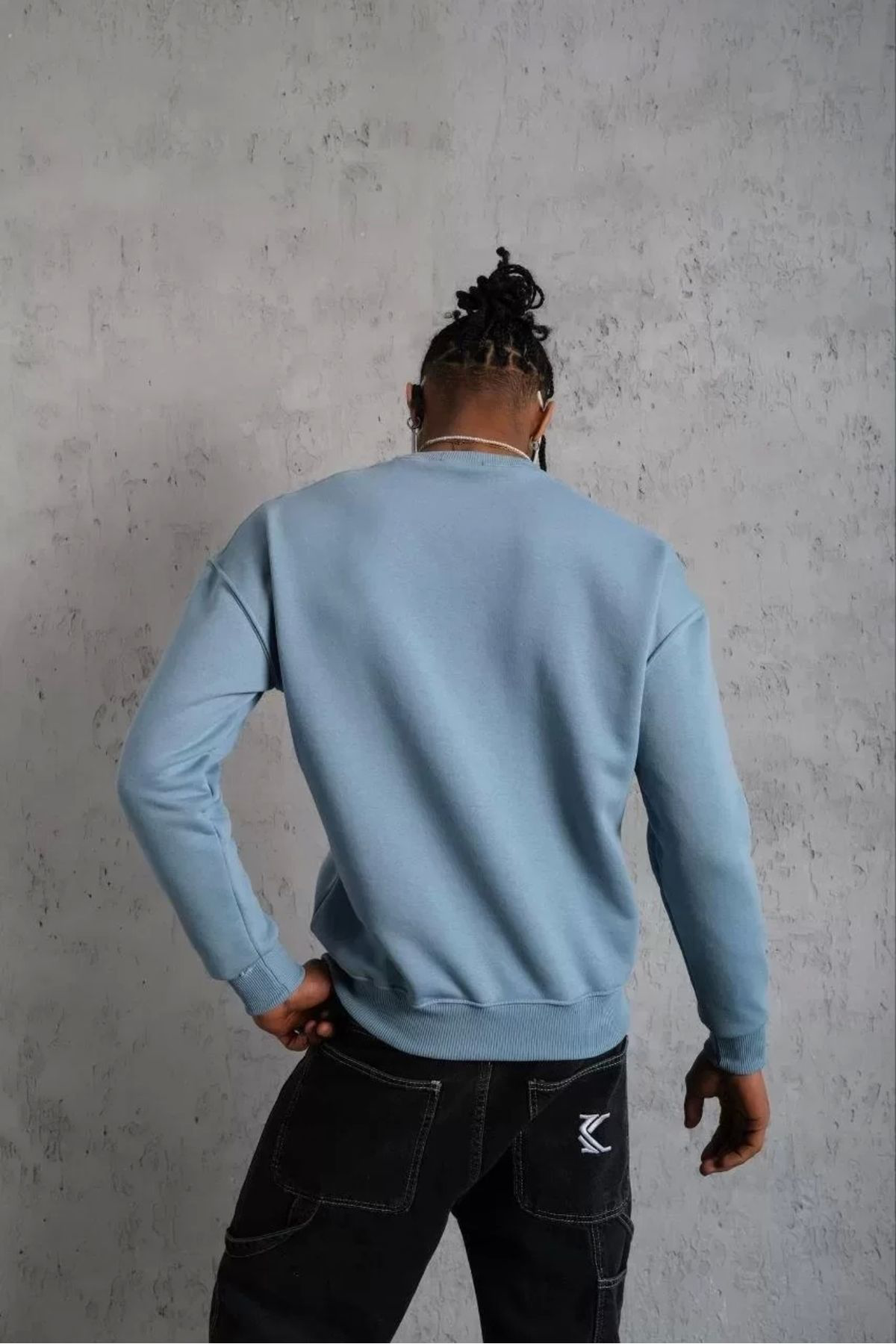 V&M Store Erkek Düz Bisiklet Yaka Sweat - Mavi