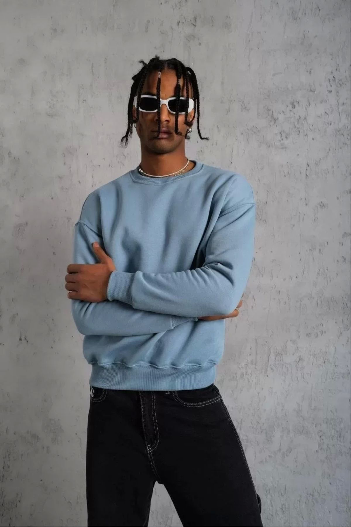 V&M Store Erkek Düz Bisiklet Yaka Sweat - Mavi