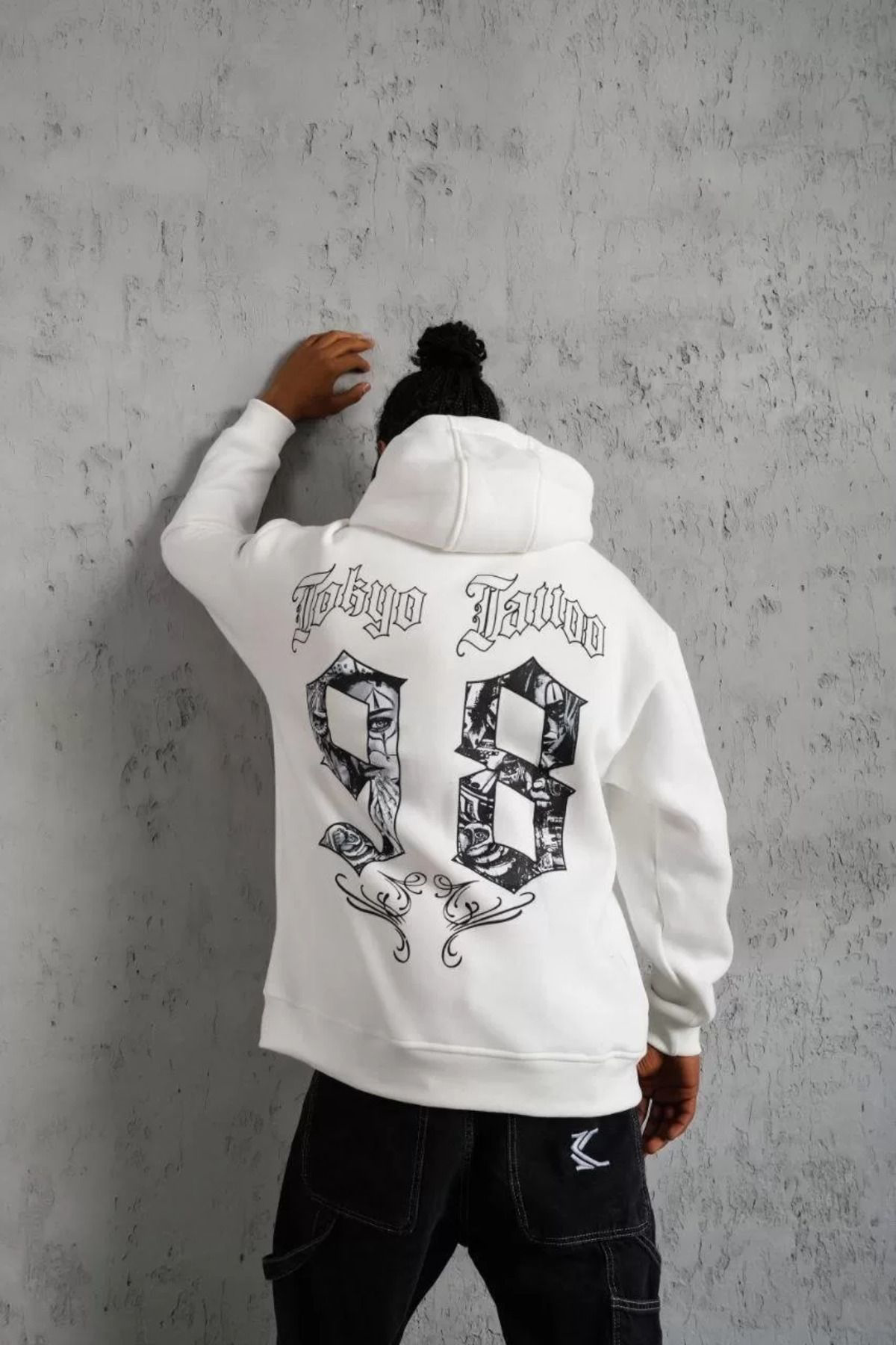 V&M Store Erkek 98 Baskılı Kapşonlu Sweat - Beyaz