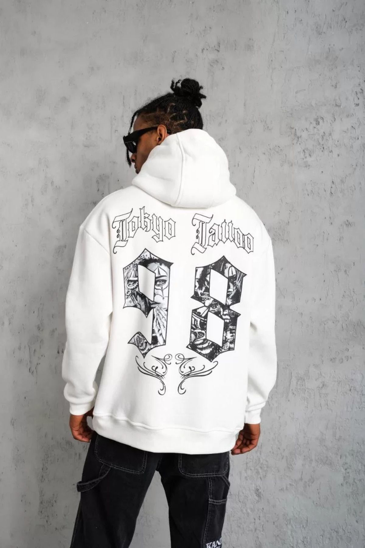 V&M Store Erkek 98 Baskılı Kapşonlu Sweat - Beyaz