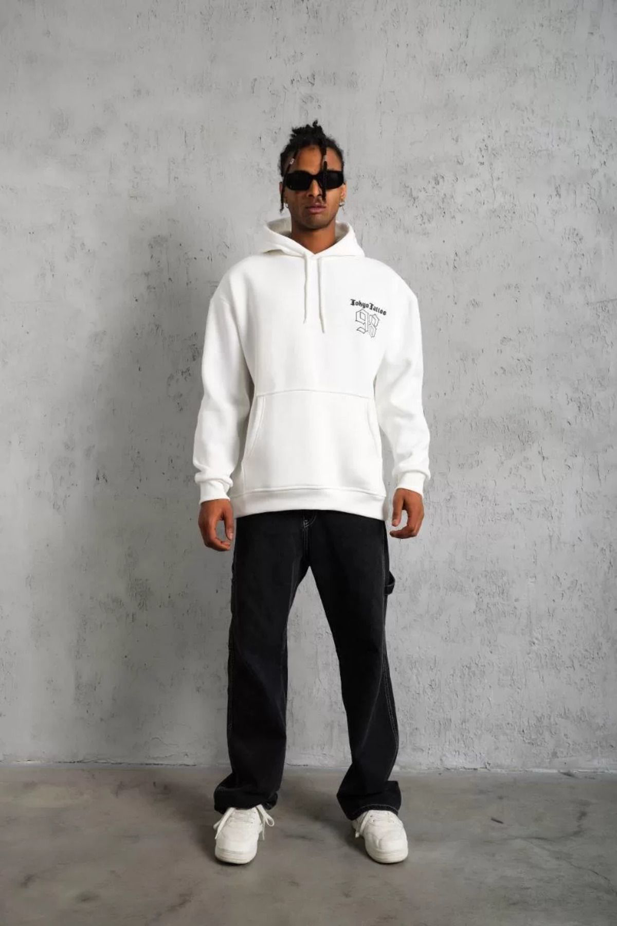 V&M Store Erkek 98 Baskılı Kapşonlu Sweat - Beyaz