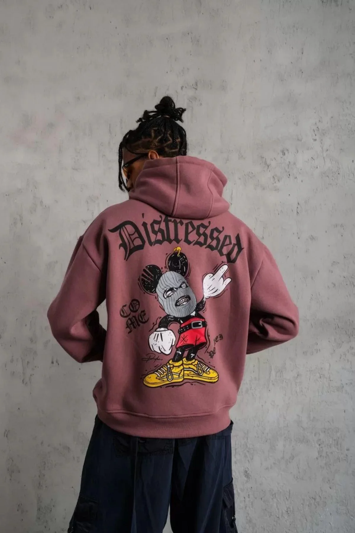 V&M Store Erkek Üç İplik Baskılı Kapüşonlu Sweat - Gül Kurusu