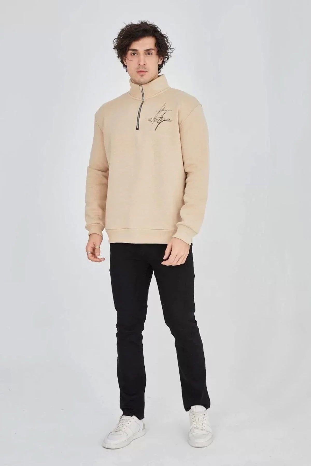 V&M Store Erkek Yarım Fermuarlı Baskılı Sweat - Bej V&M Store Erkek Yarım Fermuarlı Baskılı Sweat - Bej