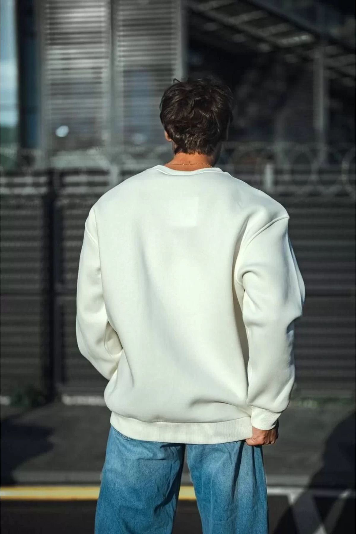 V&M Store Kışlık Bisiklet Yaka Üç İplik Basic SweatShirt - Beyaz