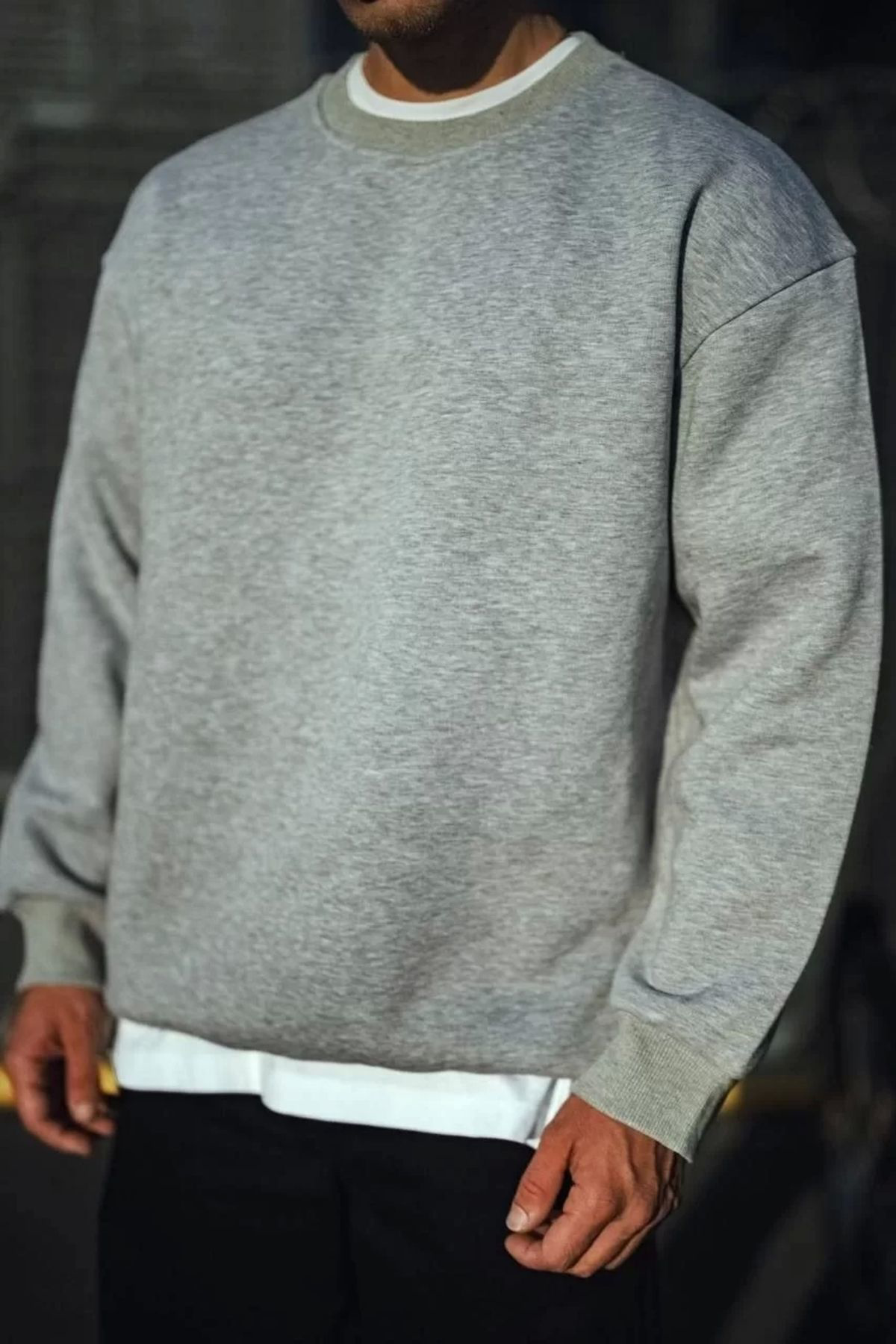 V&M Store Kışlık Bisiklet Yaka Üç İplik Basic SweatShirt - Gri