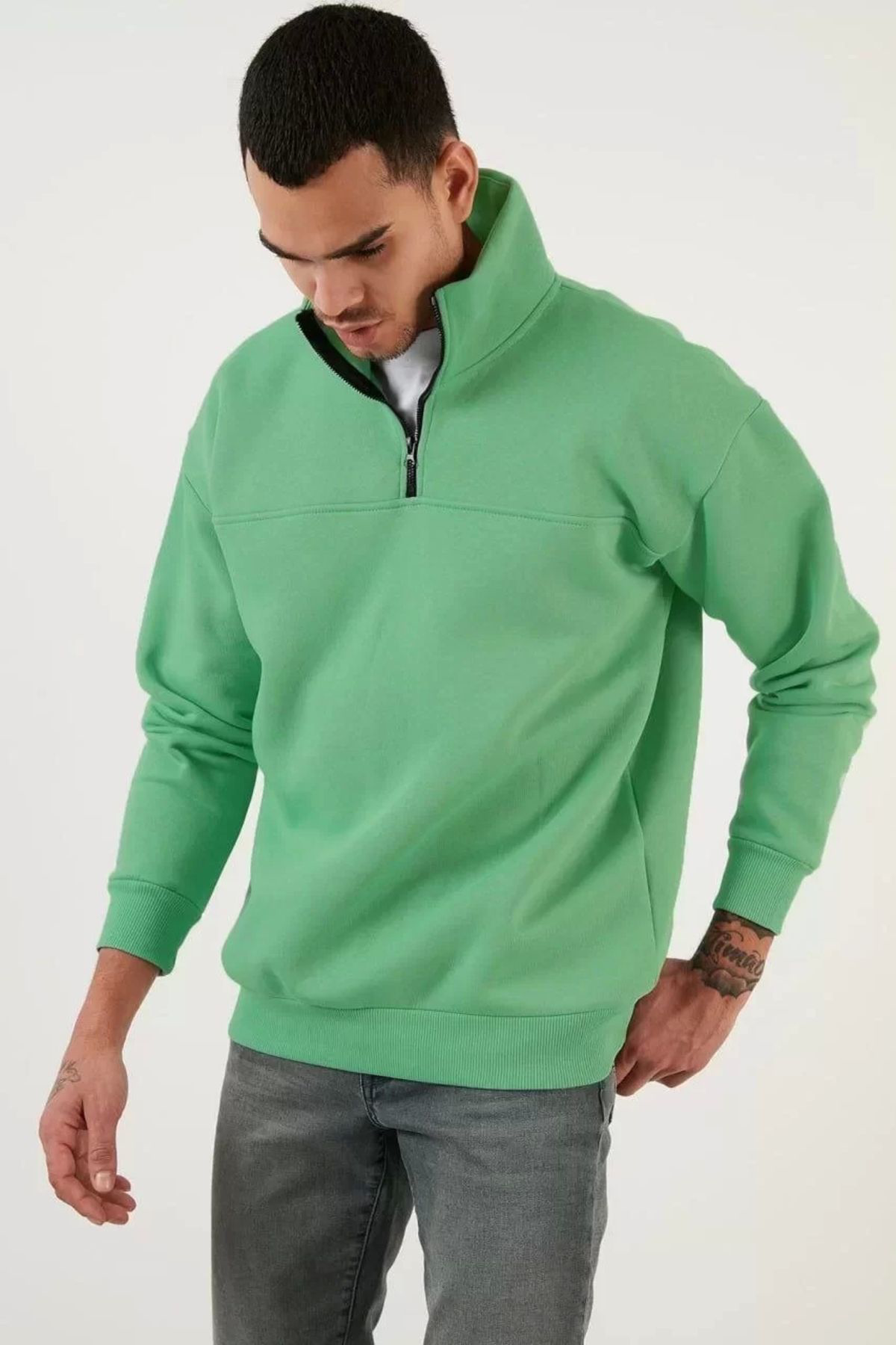 V&M Store Oversize Yarım Farmuarlı Yakalı Basic SweatShirt - Yeşi