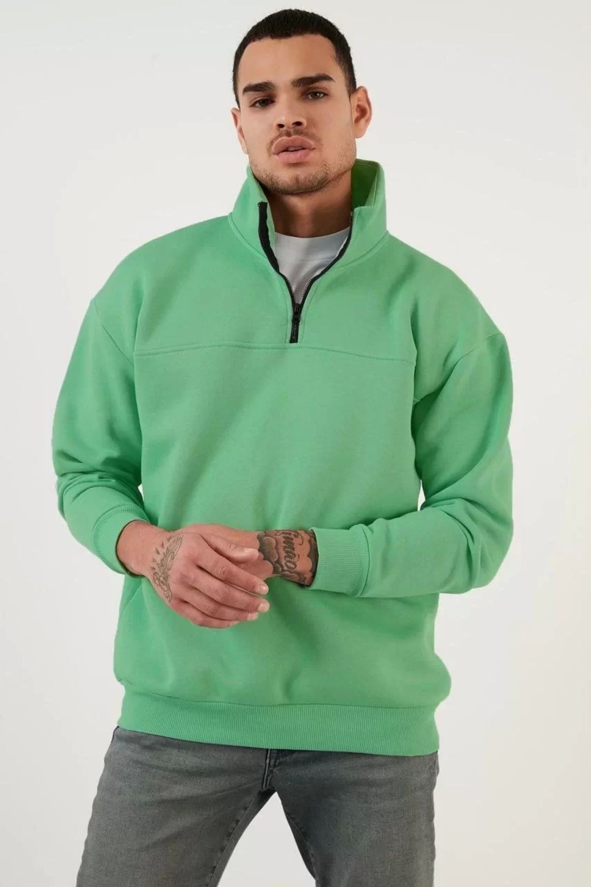 V&M Store Oversize Yarım Farmuarlı Yakalı Basic SweatShirt - Yeşi