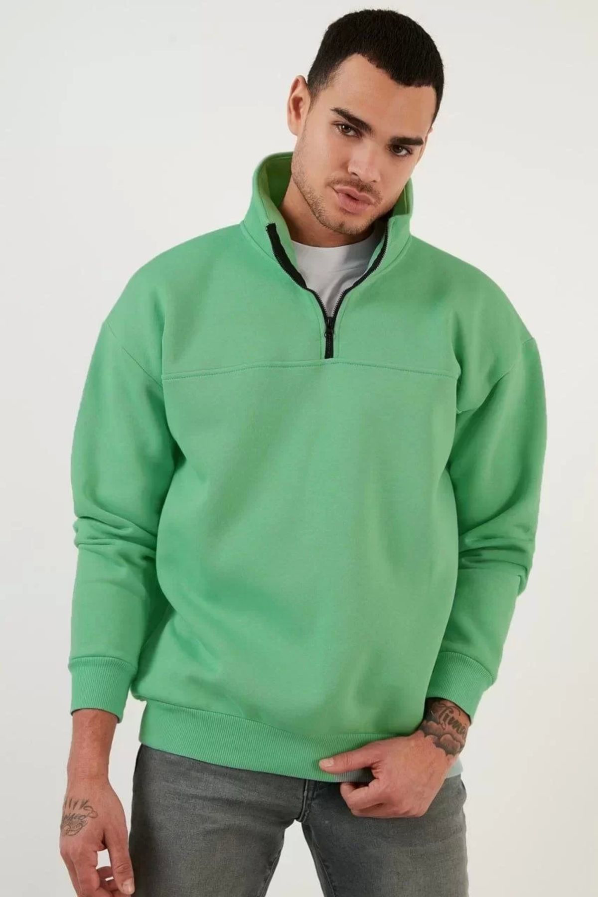 V&M Store Oversize Yarım Farmuarlı Yakalı Basic SweatShirt - Yeşi