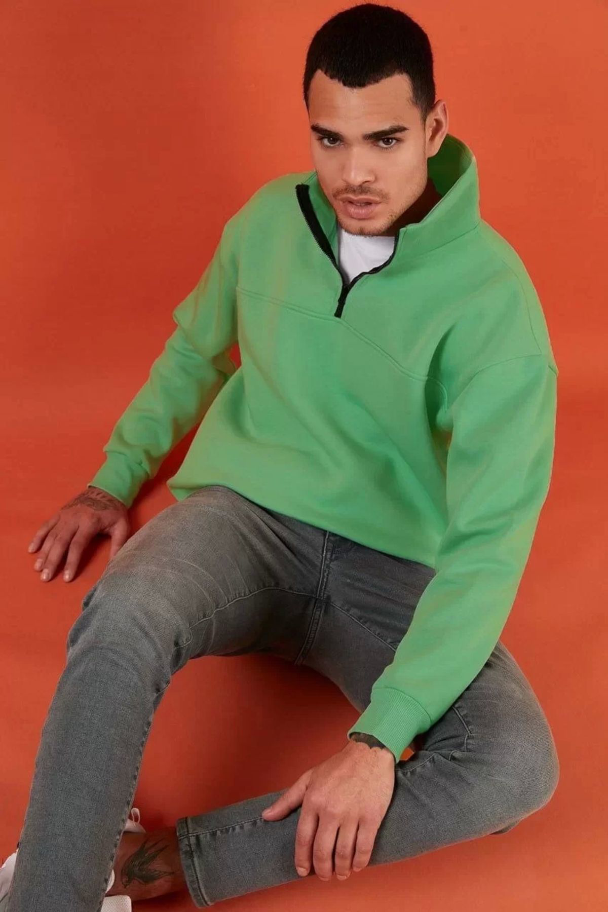 V&M Store Oversize Yarım Farmuarlı Yakalı Basic SweatShirt - Yeşi