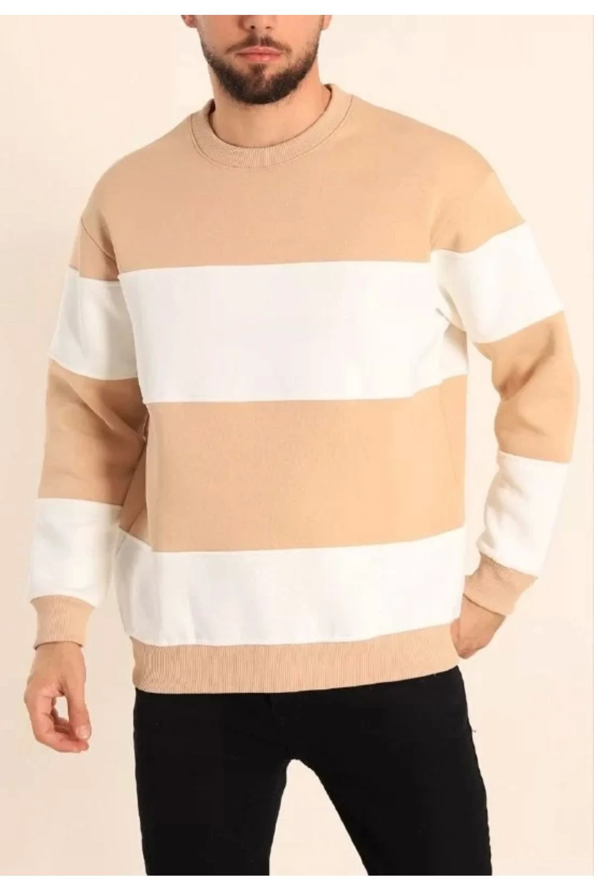 V&M Store Parçalı Bisiklet Yaka Baskılı SweatShirt - Bej