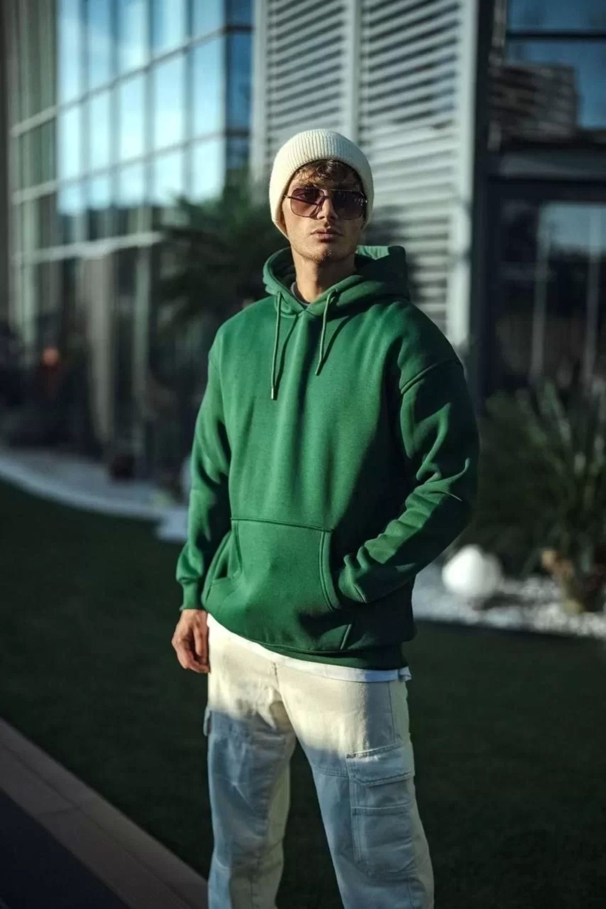 V&M Store Üç İplik Penye Kapşonlu Basic SweatShirt - Haki