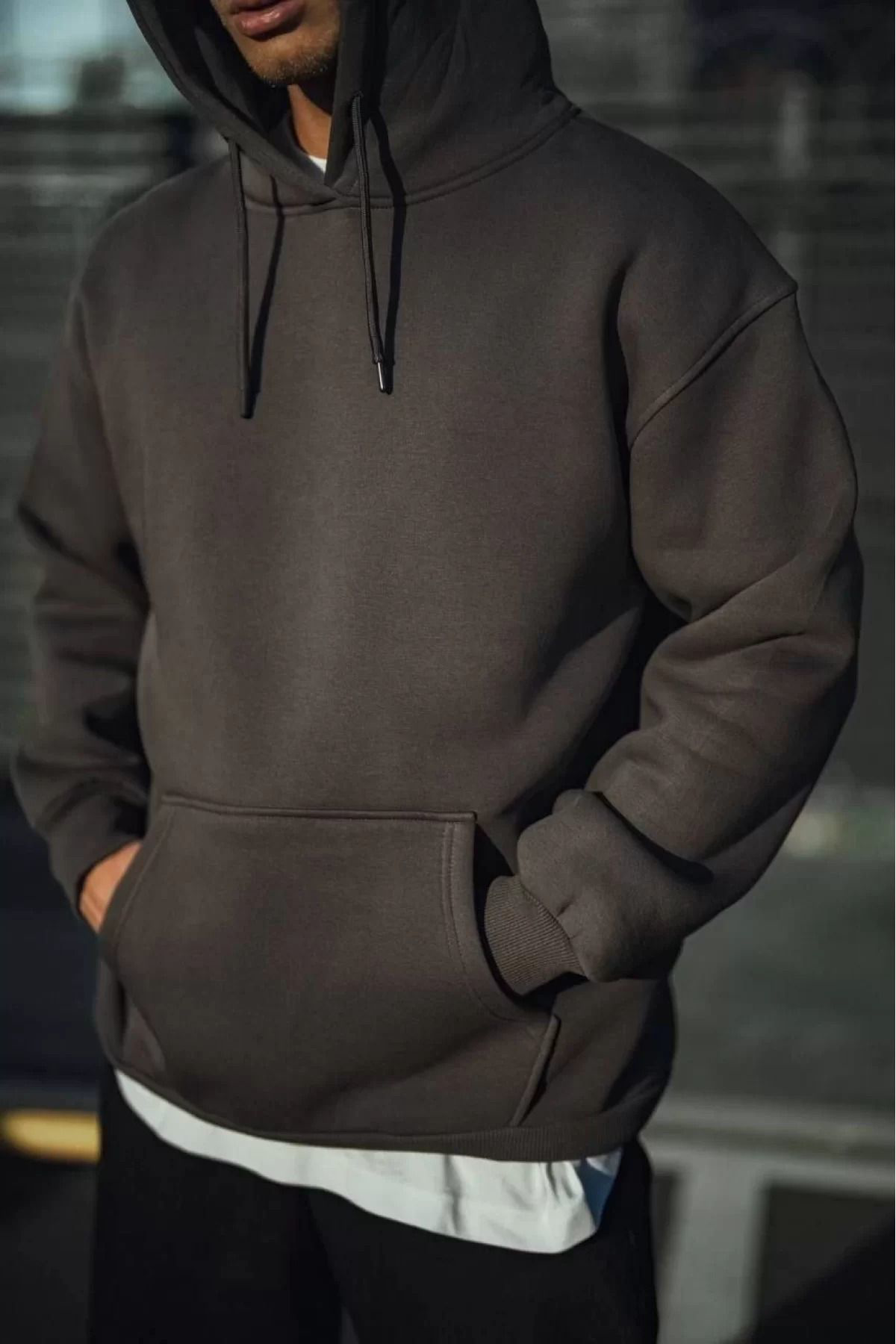 V&M Store Üç İplik Penye Kapşonlu Basic SweatShirt - Antrasit