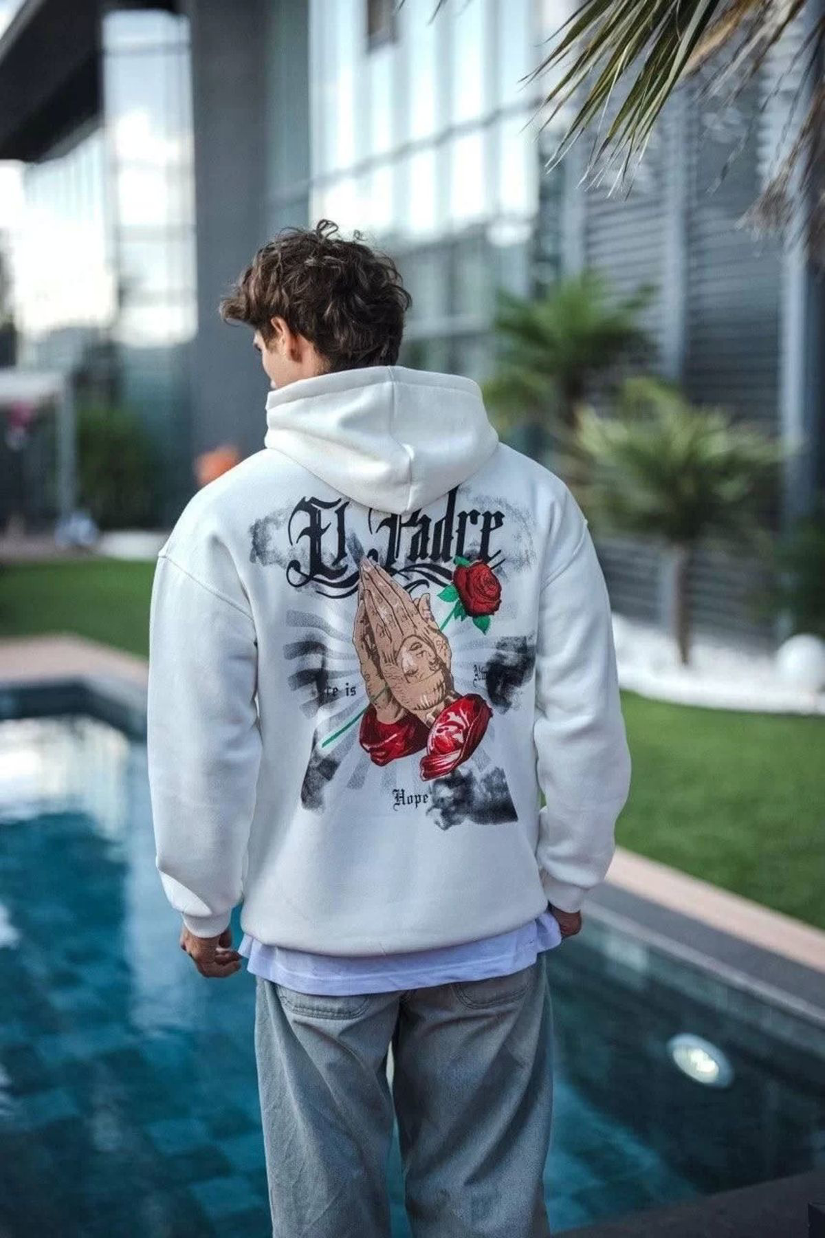 V&M Store Üç İplik Penye Kapşonlu Baskılı SweatShirt - Beyaz
