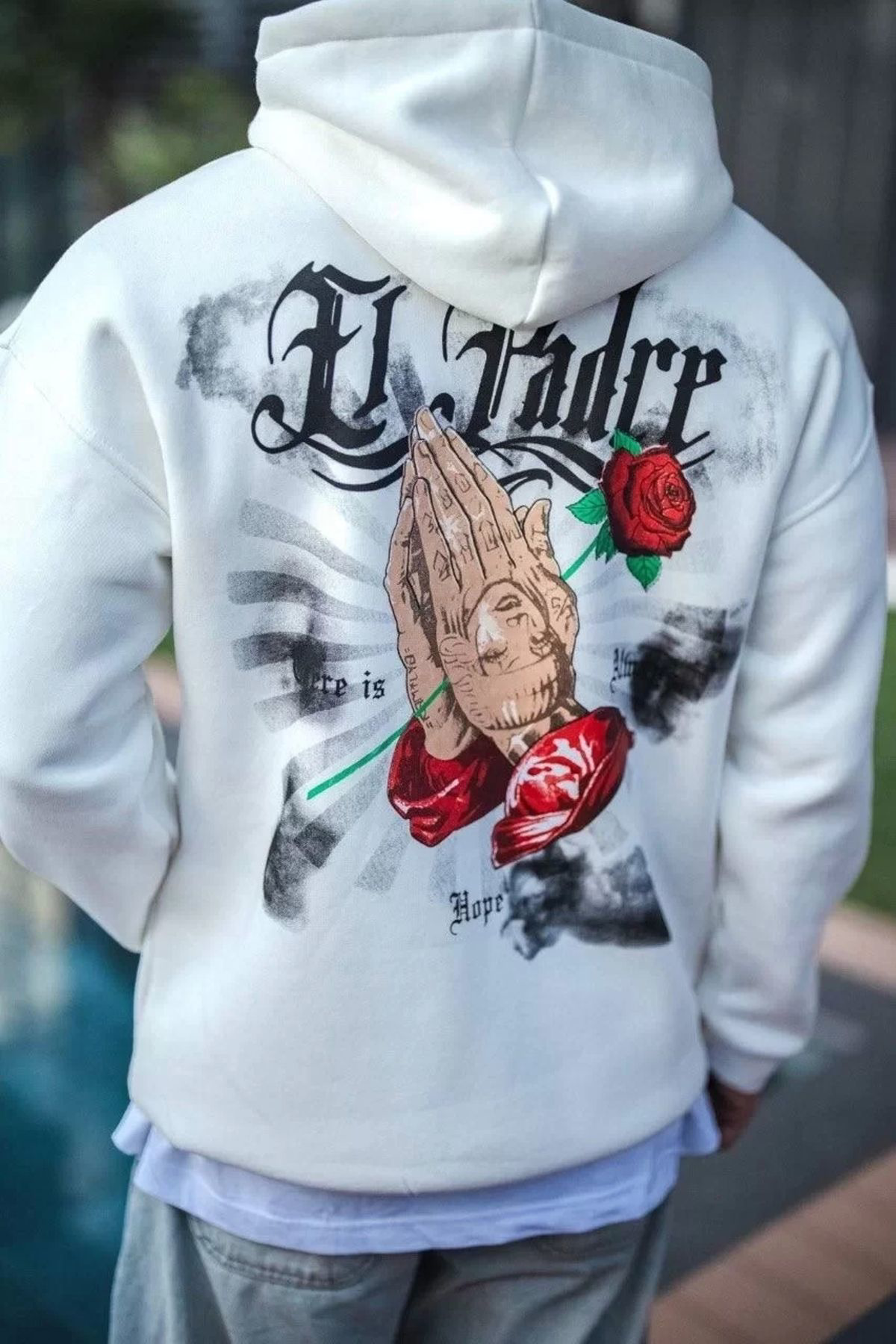 V&M Store Üç İplik Penye Kapşonlu Baskılı SweatShirt - Beyaz