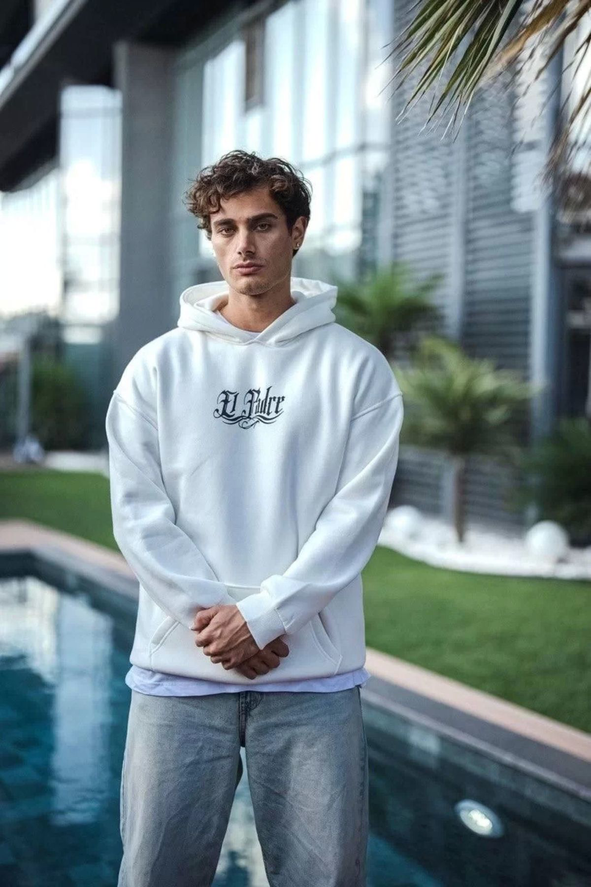 V&M Store Üç İplik Penye Kapşonlu Baskılı SweatShirt - Beyaz