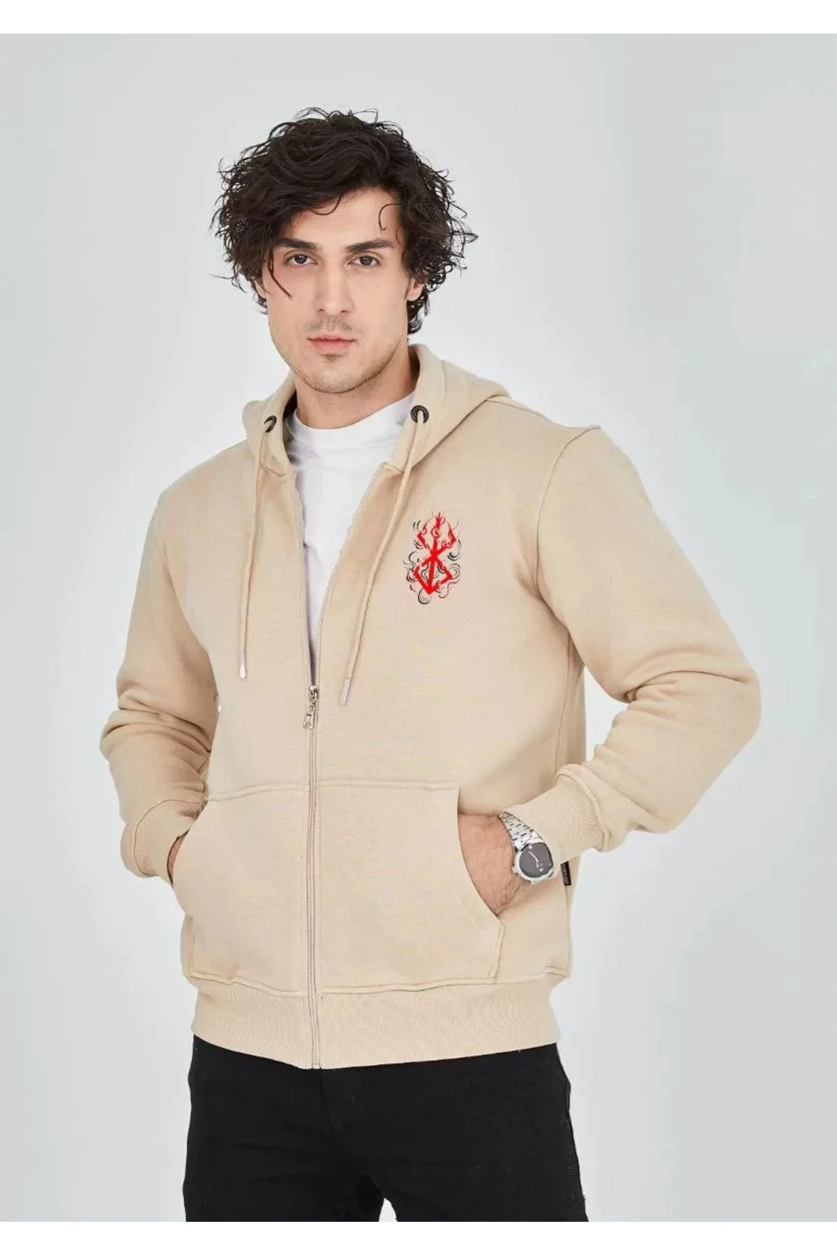 V&M Store Unisex Baskılı Tam Fermuarlı Kapşonlu SweatShirt - Bej