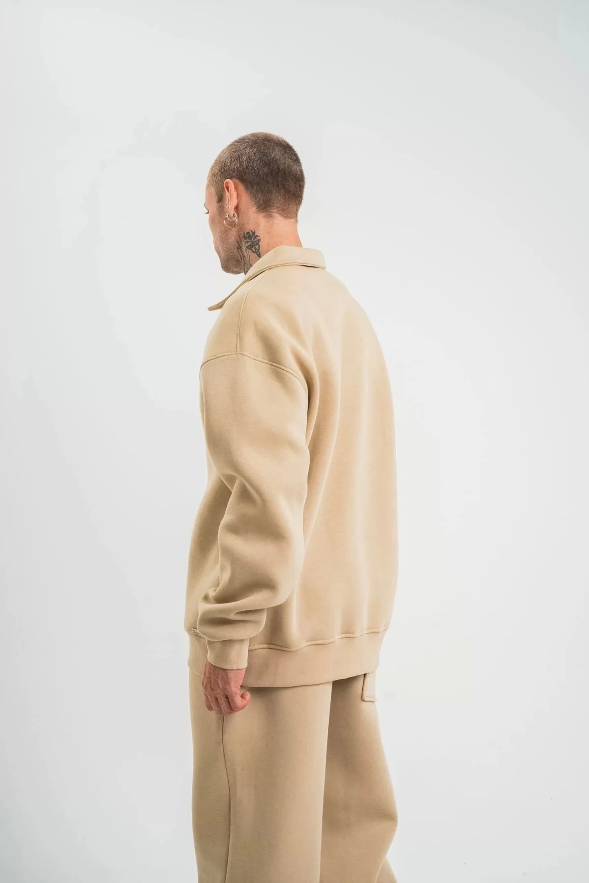 V&M Store Unisex Double Oversize Patlı Yaka SweatShirt - Bej