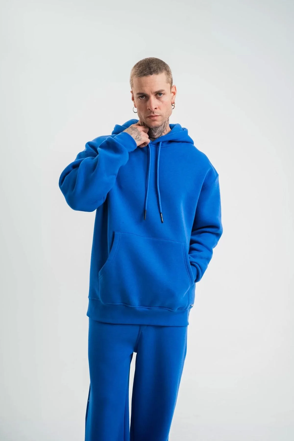 V&M Store Unisex Double Oversize Kapşonlu Basic SweatShirt - Mavi