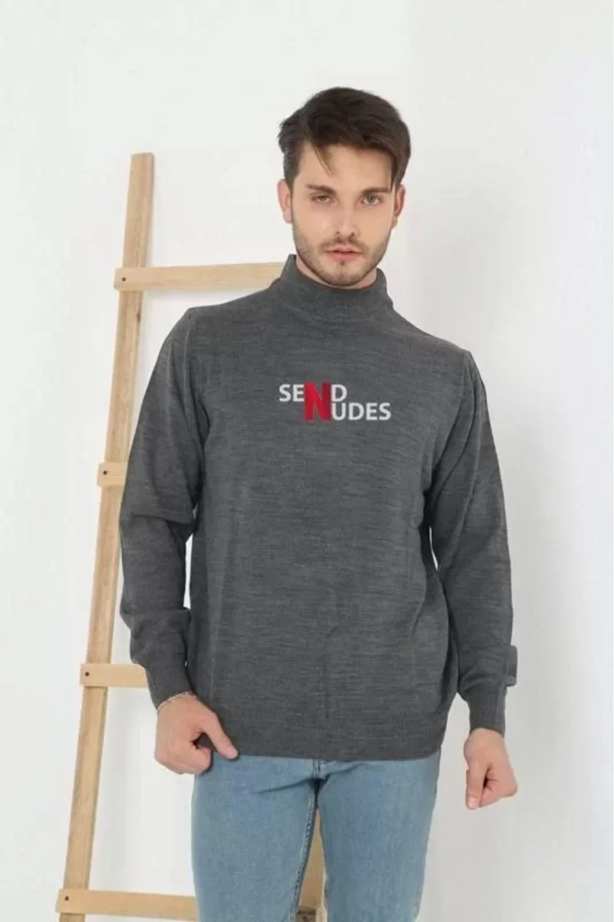 V&M Store Unisex Yarım Boğazlı Baskılı Dokuma Triko - Füme