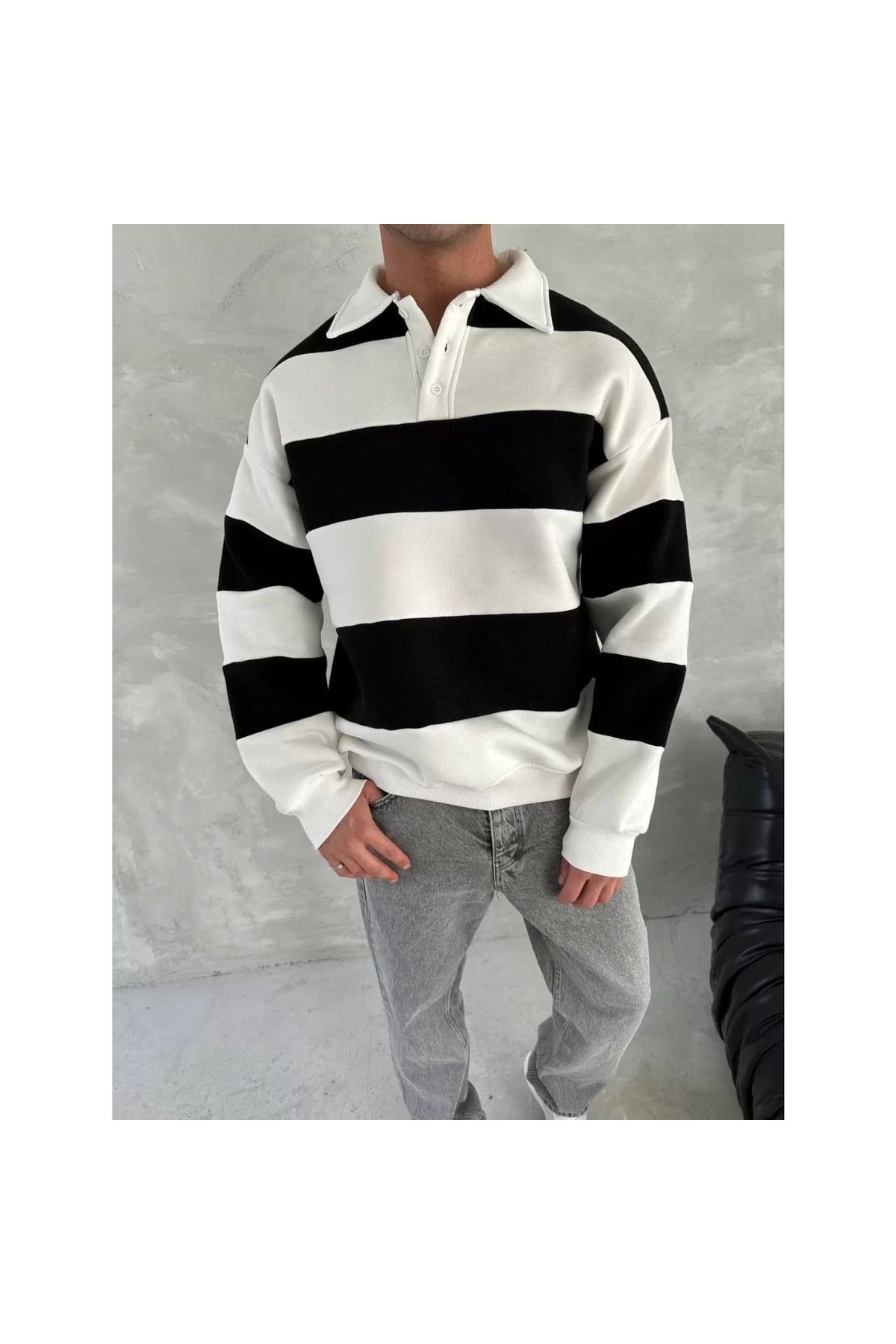 V&M Store Unisex Üç İplik Parçalı Yakalı SweatShirt - Siyah