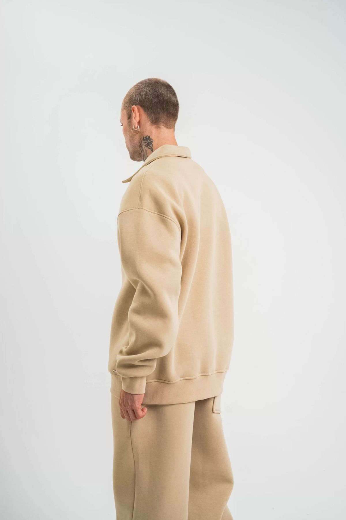 V&M Store Unisex Double Oversize Patlı Yaka SweatShirt - Bej