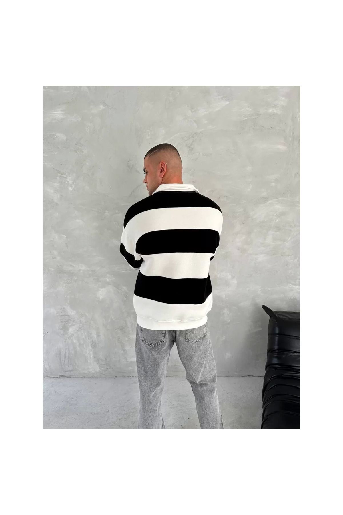 V&M Store Unisex Üç İplik Parçalı Yakalı SweatShirt - Siyah