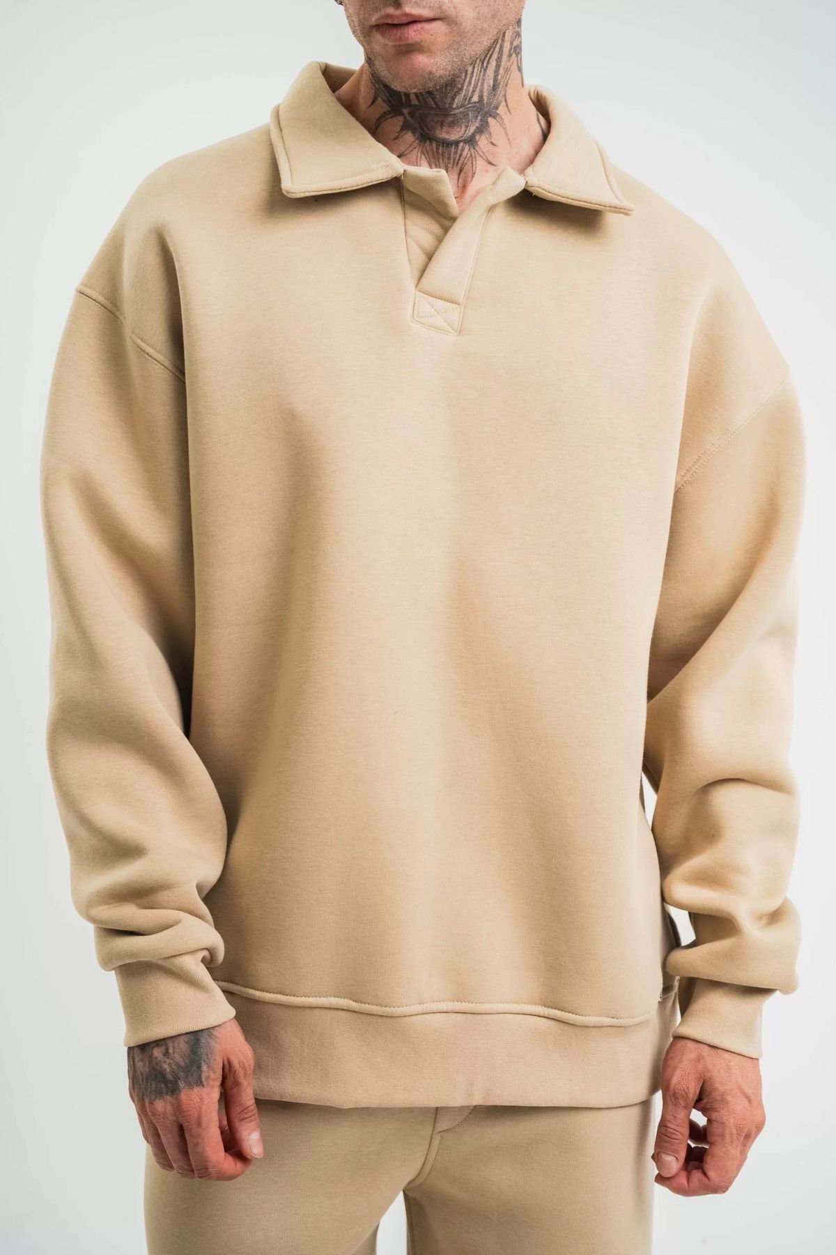 V&M Store Unisex Double Oversize Patlı Yaka SweatShirt - Bej