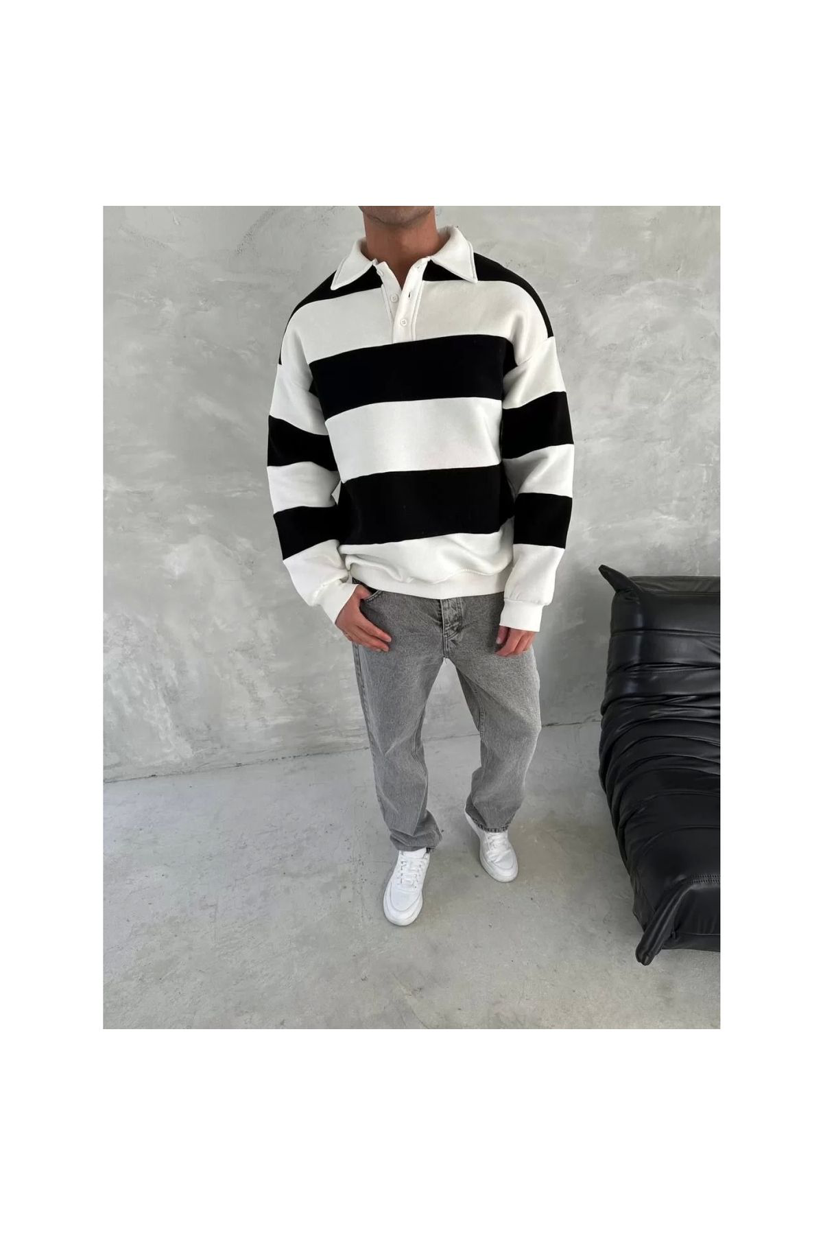 V&M Store Unisex Üç İplik Parçalı Yakalı SweatShirt - Siyah