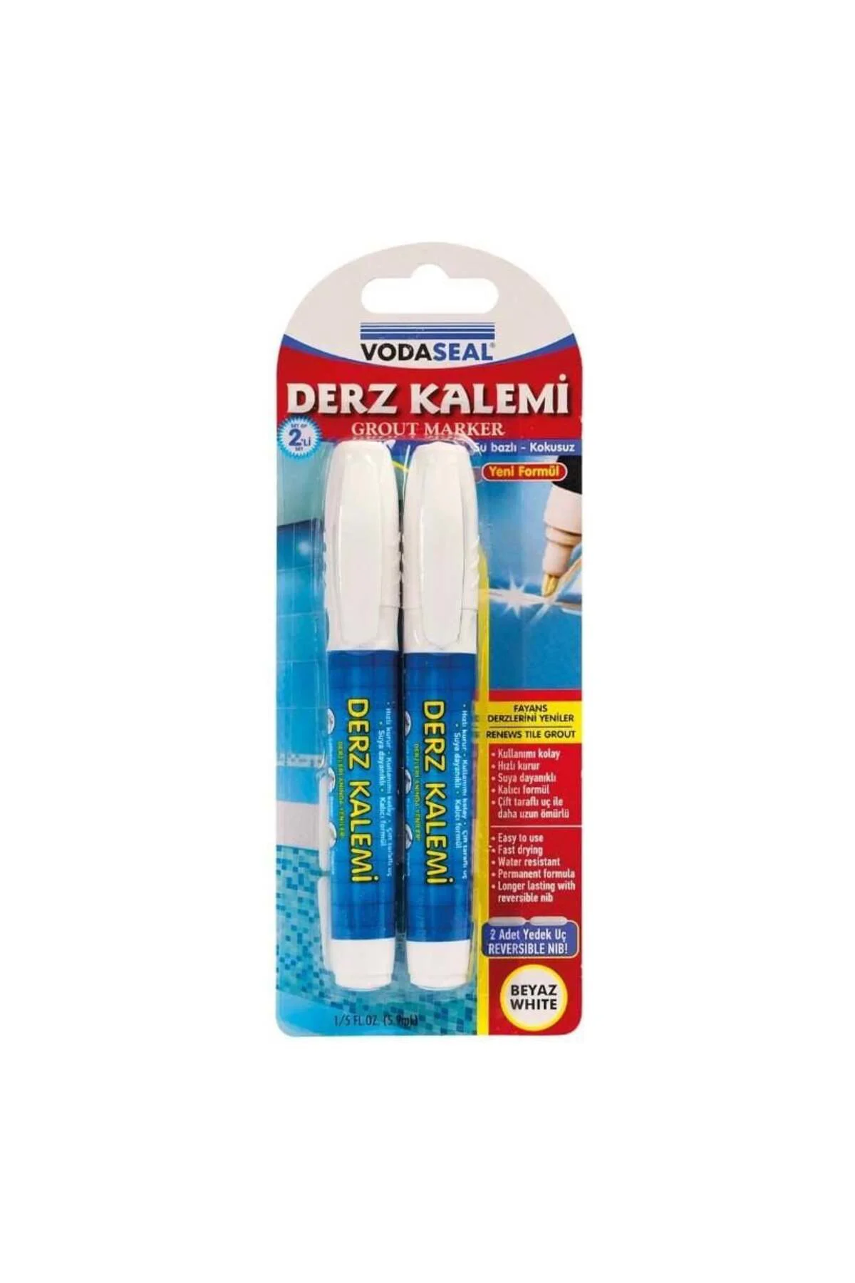 Vodaseal Çift Uçlu Su Bazlı Kokusuz Kalıcı Derz Kalemi Beyaz 2 Ad