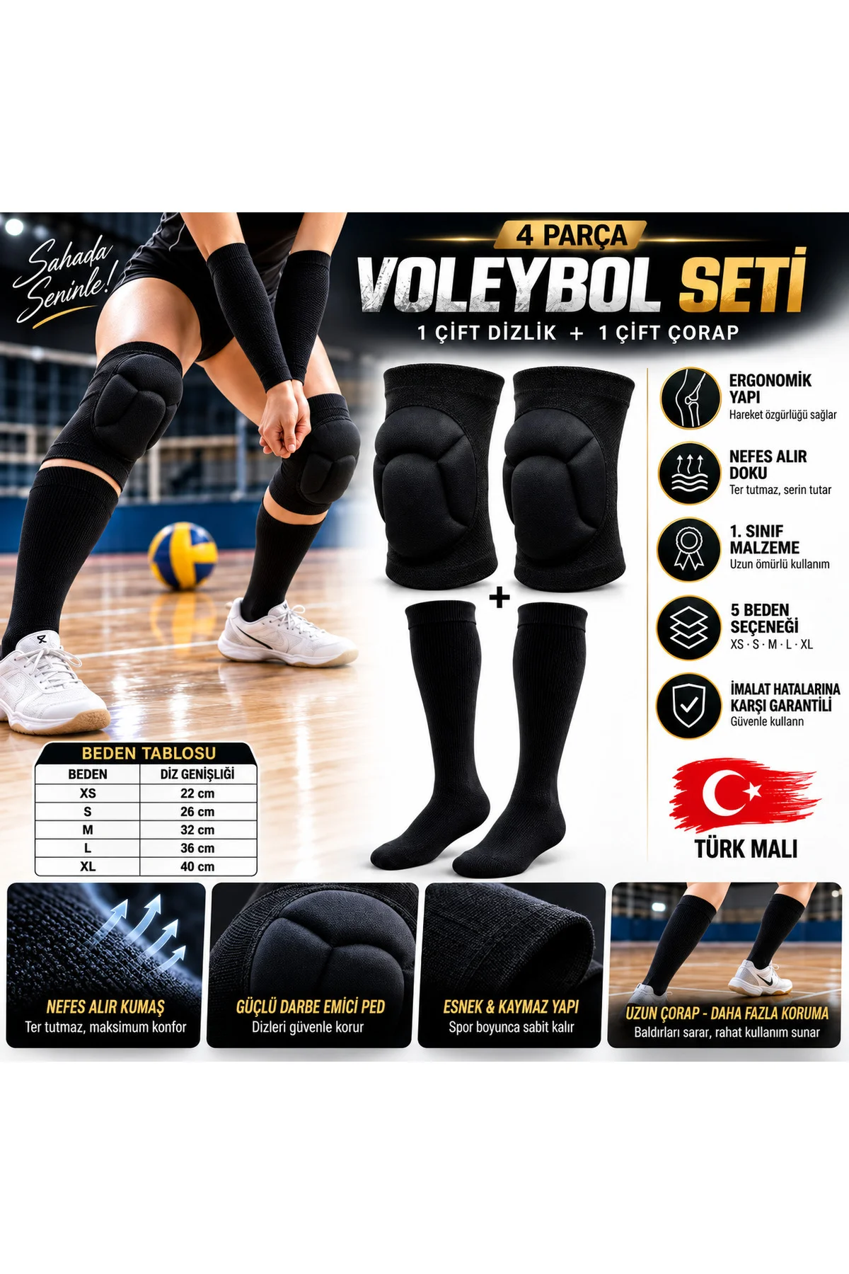 Voleybol Dizliği Voleybol Kolluğu 2li Set Yetişkin ve Çocuk Voleybol 1 Çift Dizlik 1 Çift çorap 4 Parça