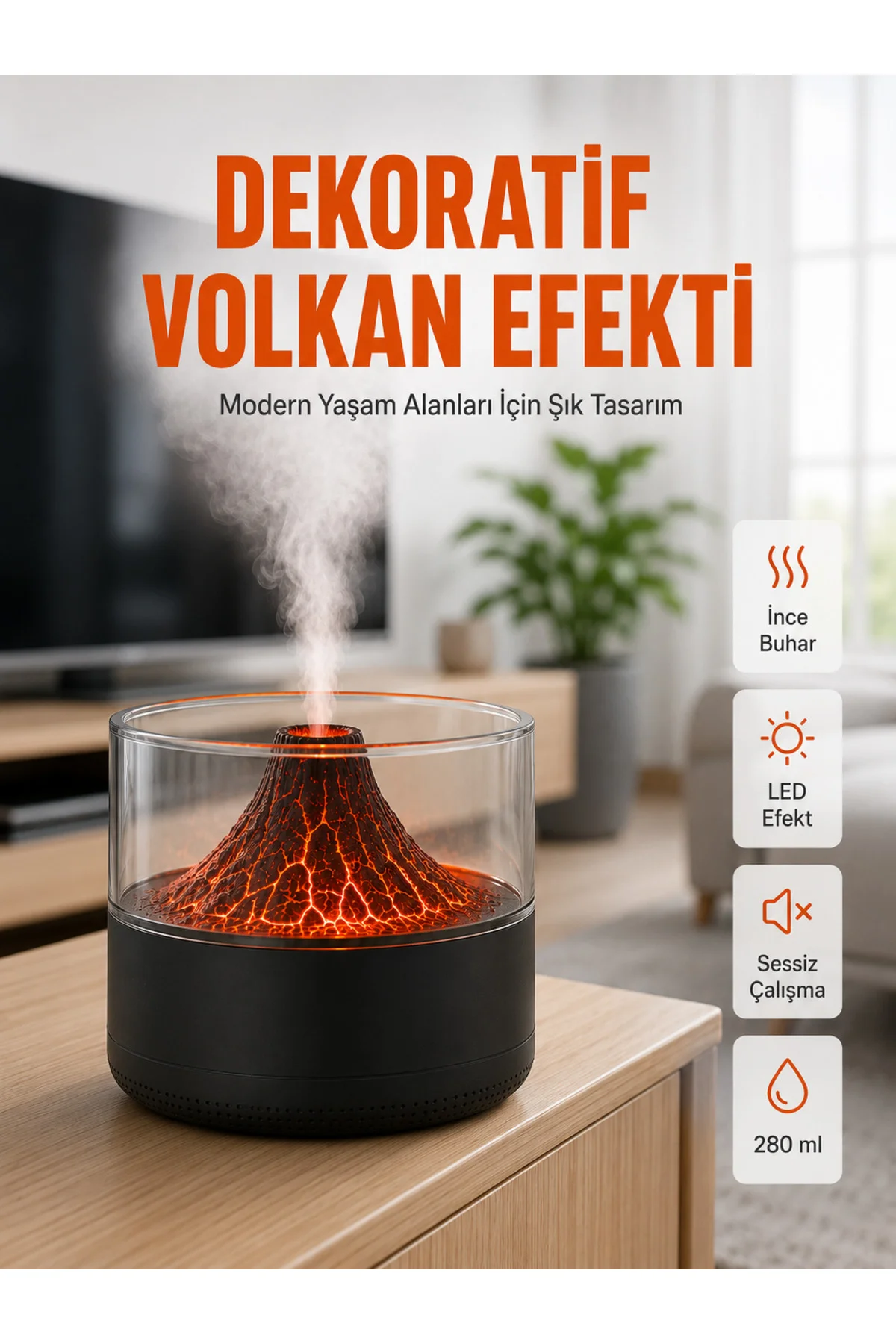 Volkanik Tasarımlı LED Işıklı Ultrasonik Nemlendirici Volkanik Tasarımlı LED Işıklı Ultrasonik Nemlendirici