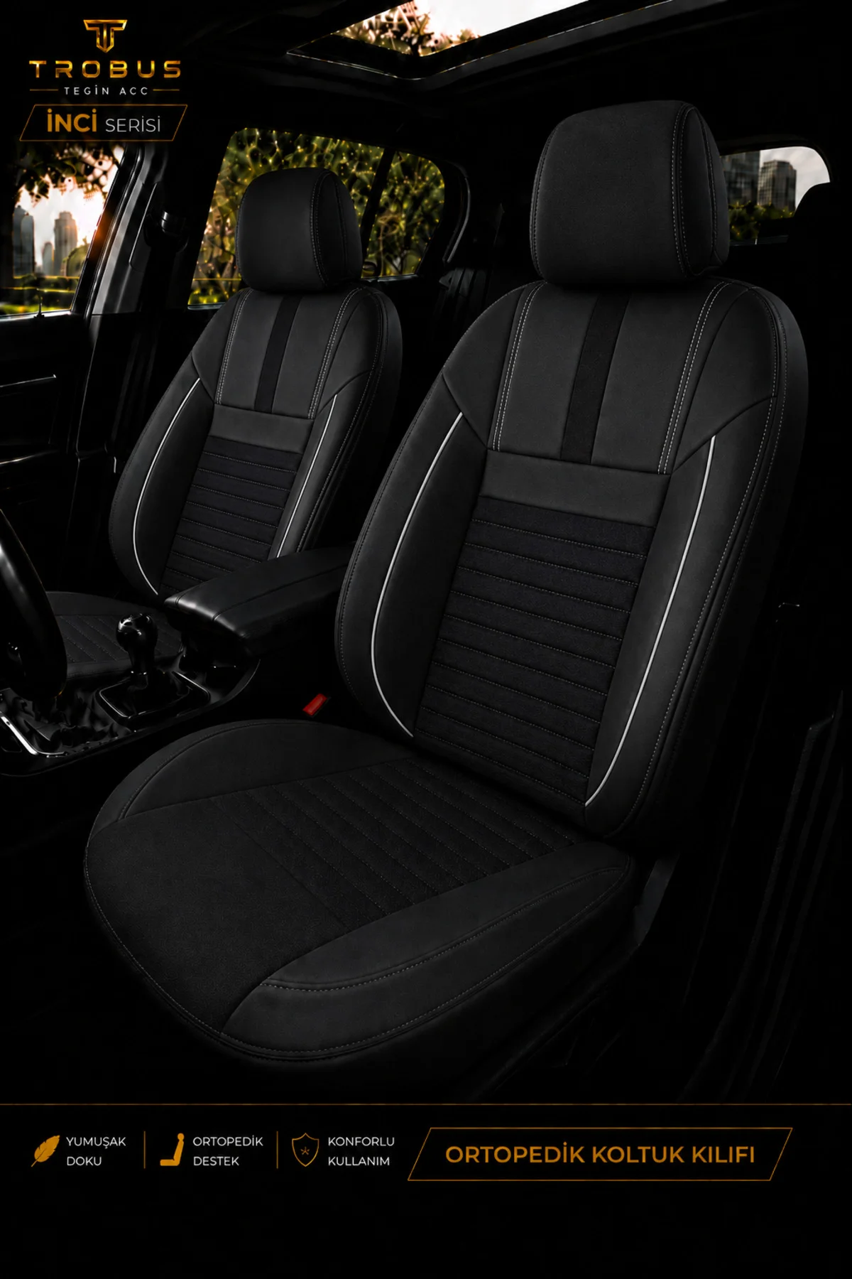 Volkswagen Amarok 2H Çift Kabin 2012-2018 Uyumlu İnci Serisi Tay Tüyü Oto Koltuk Kılıfı Siyah Beyaz