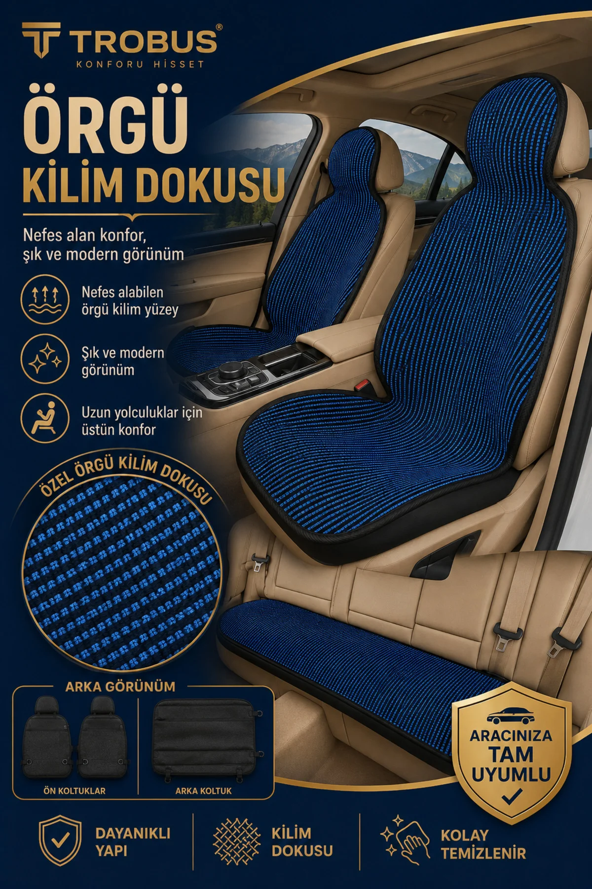 Volkswagen Amarok 2H Çift Kabin 2012-2018 Örme 3 Parça Minder Terletmez Kaymaz Taban Siyah Mavi - Görsel 8
