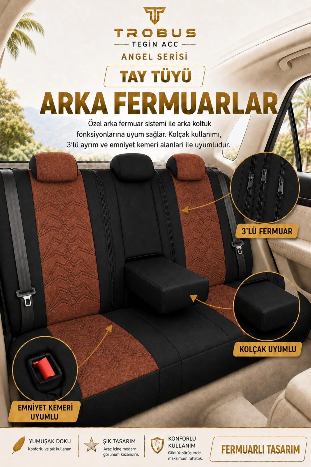 Volkswagen Arteon 2017 ve Sonrası Uyumlu Angel Serisi Tay Tüyü Koltuk Kılıfı Taba Siyah
