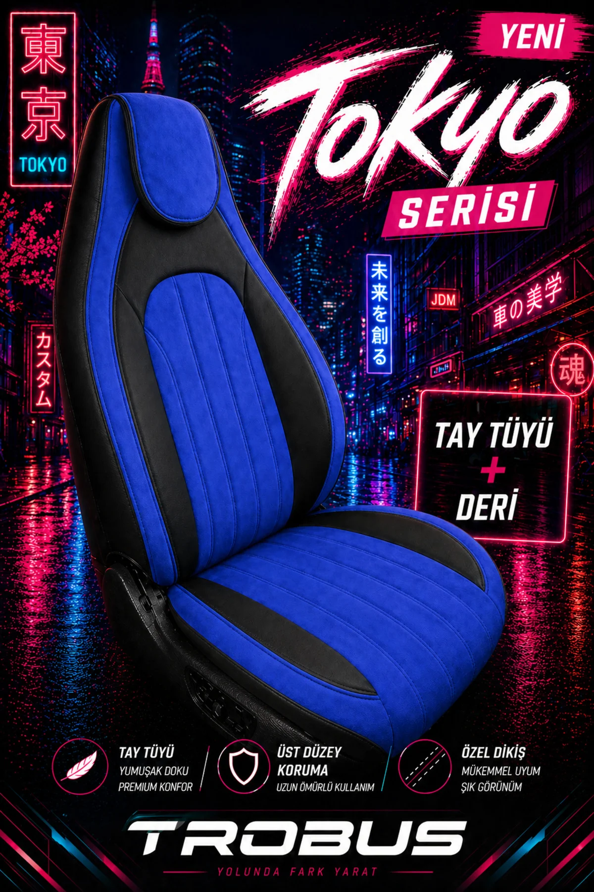 Volkswagen Arteon 2017 ve Sonrası Bel Destekli Tay Tüyü Koltuk Kılıfı Tokyo Serisi Mavi Siyah Fiyatı, Yorumları ve Özellikleri