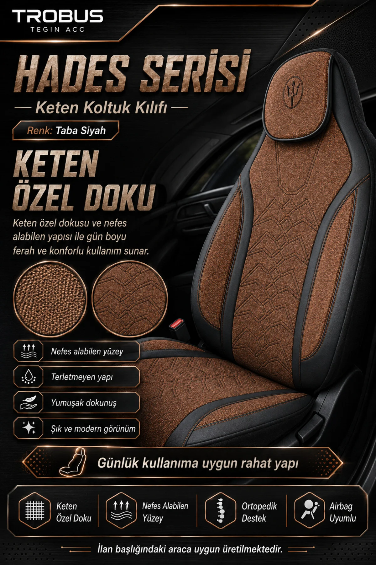 Volkswagen Beetle 2012-2016 Uyumlu Hades Serisi Keten Oto Koltuk Kılıfı Taba Siyah Fiyatı, Yorumları ve Özellikleri