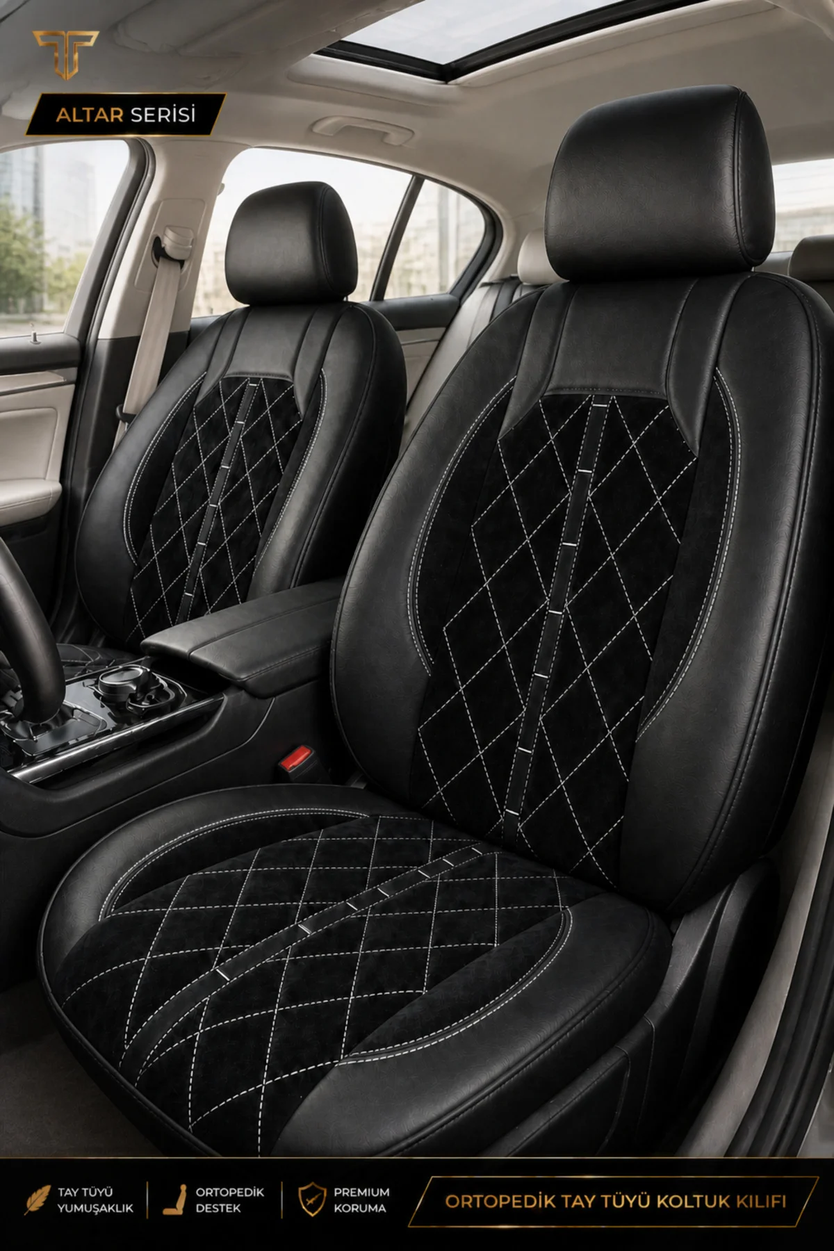 Volkswagen Beetle 2012-2016 Uyumlu Altar Serisi Tay Tüyü Siyah Beyaz Premium Koltuk Kılıfı