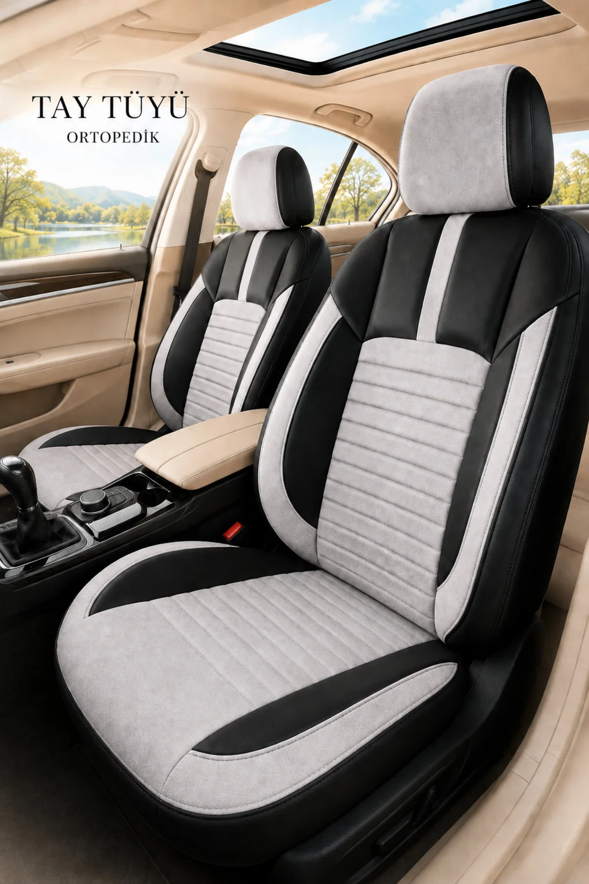 Volkswagen Beetle 2012-2016 Uyumlu İnci Serisi Tay Tüyü Gri Siyah Premium Koltuk Kılıfı