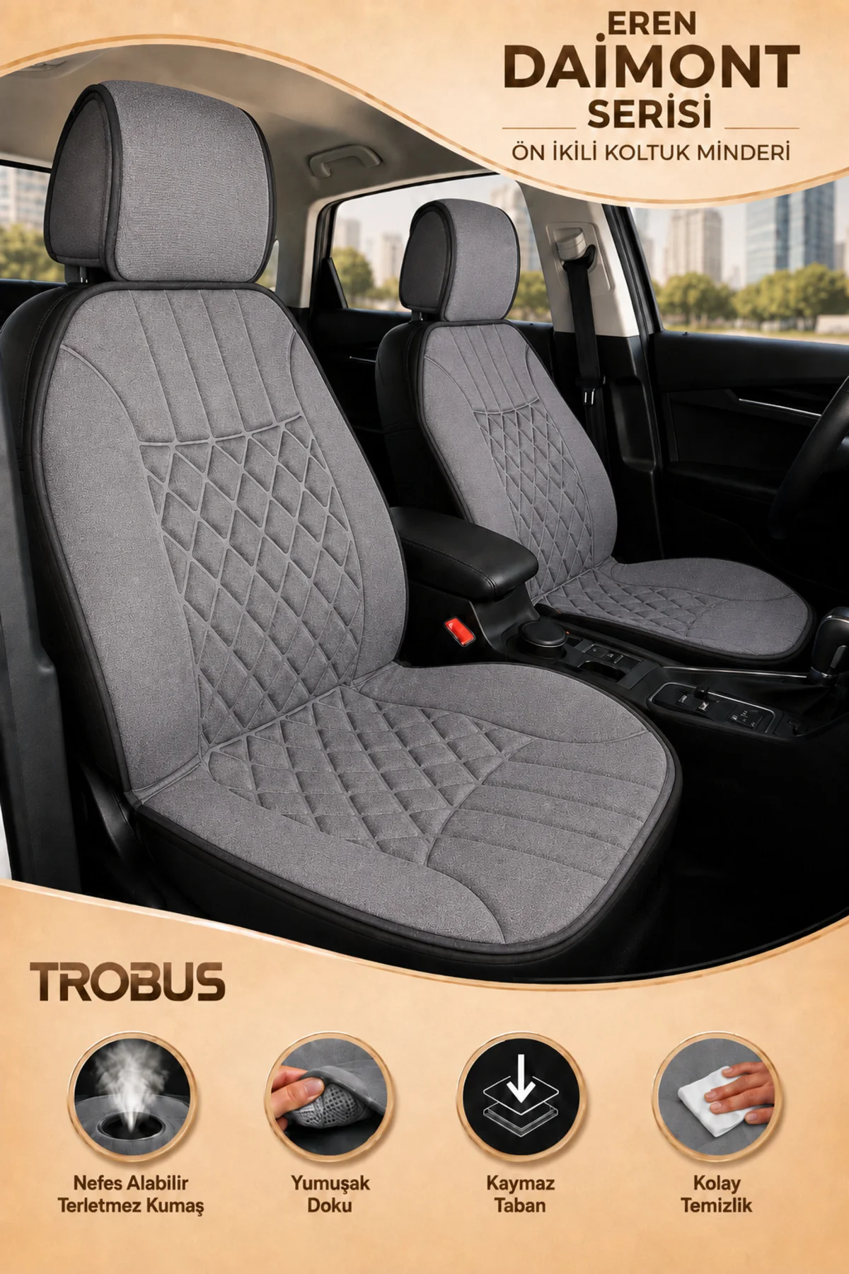 Volkswagen BEETLE 2012-2016 Uyumlu Eren Daimond 2 Parça Ön Oto Koltuk Minderi Terletmez Gri Fiyatı, Yorumları ve Özellikleri